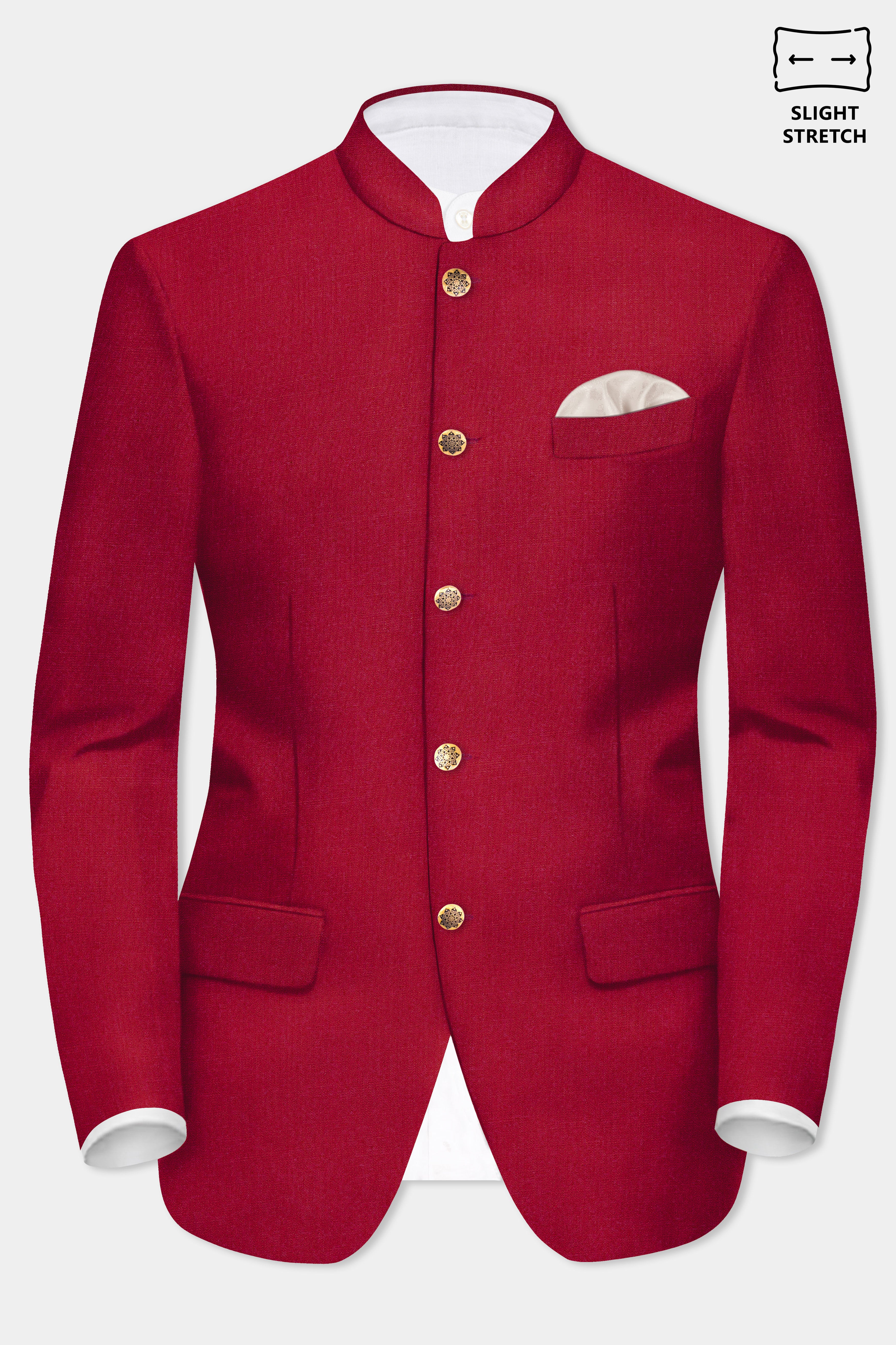 Vermilion-Chili Red Solid Wool Rich Bandhgala Slight Stretch Blazer