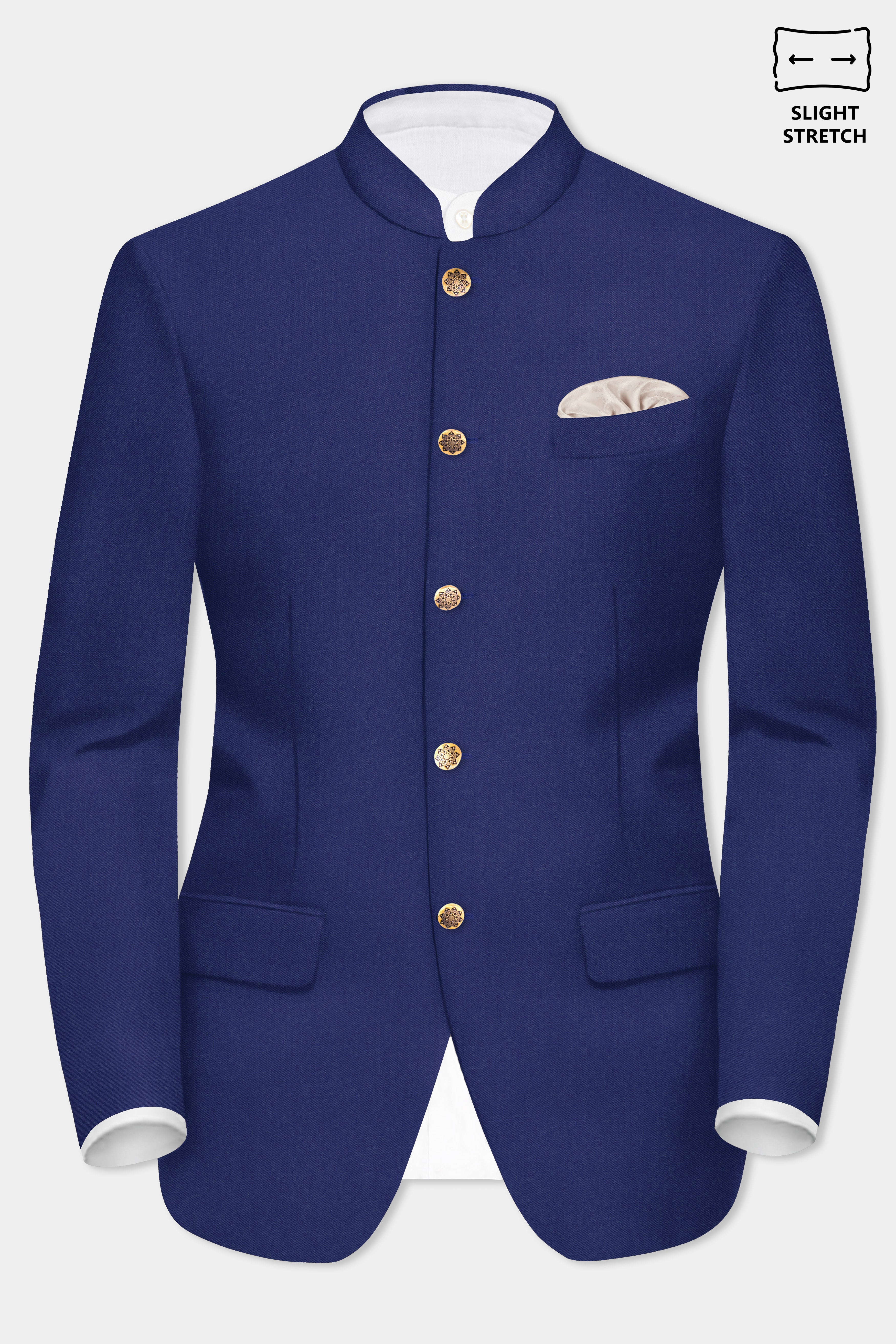 Celestia-Blue Solid Wool Rich Bandhgala Slight Stretch Blazer