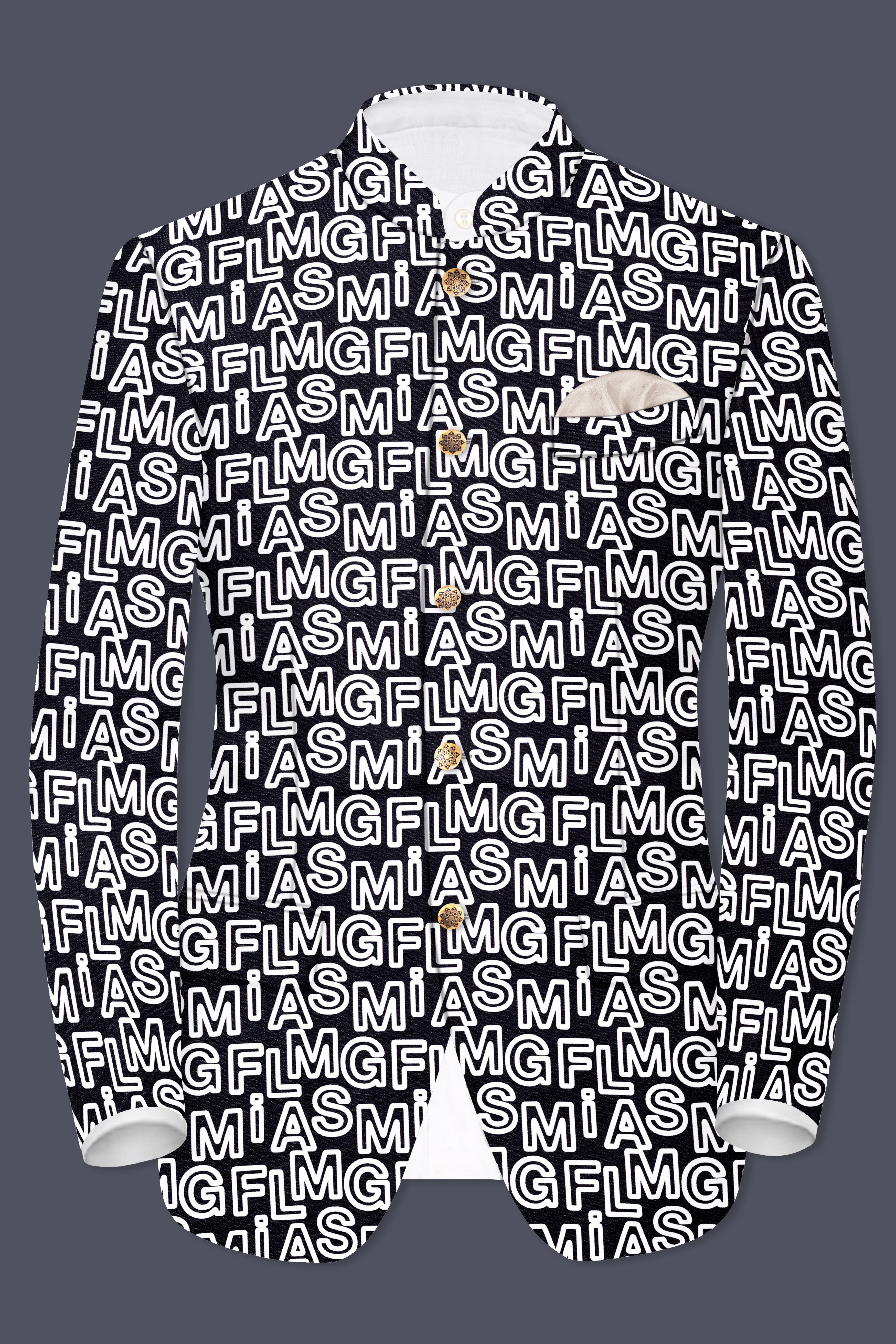 Jaguar Black And Bright White Alphabets Printed Premium Cotton Designer Bandhgala Blazer