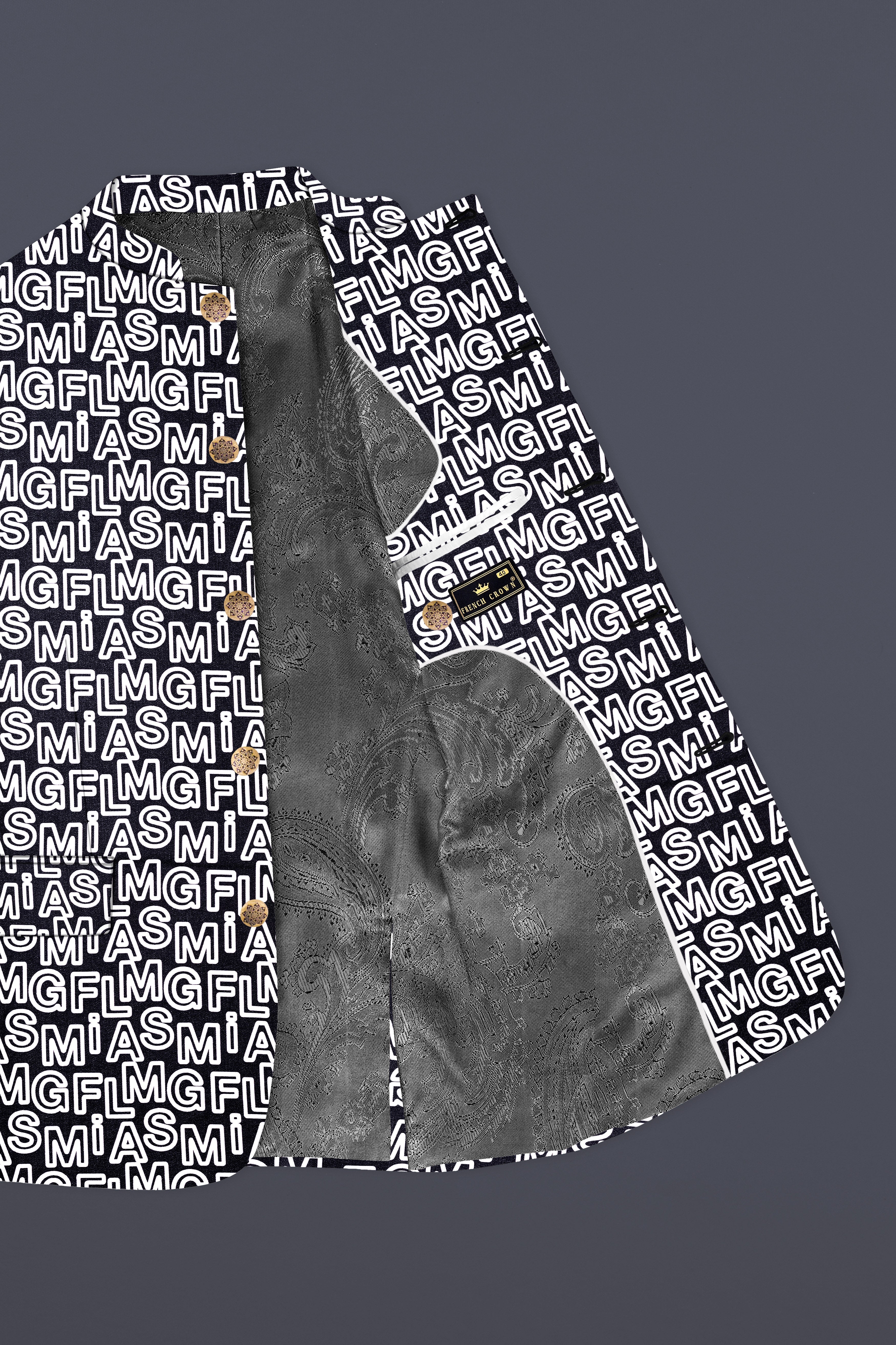 Jaguar Black And Bright White Alphabets Printed Premium Cotton Designer Bandhgala Blazer