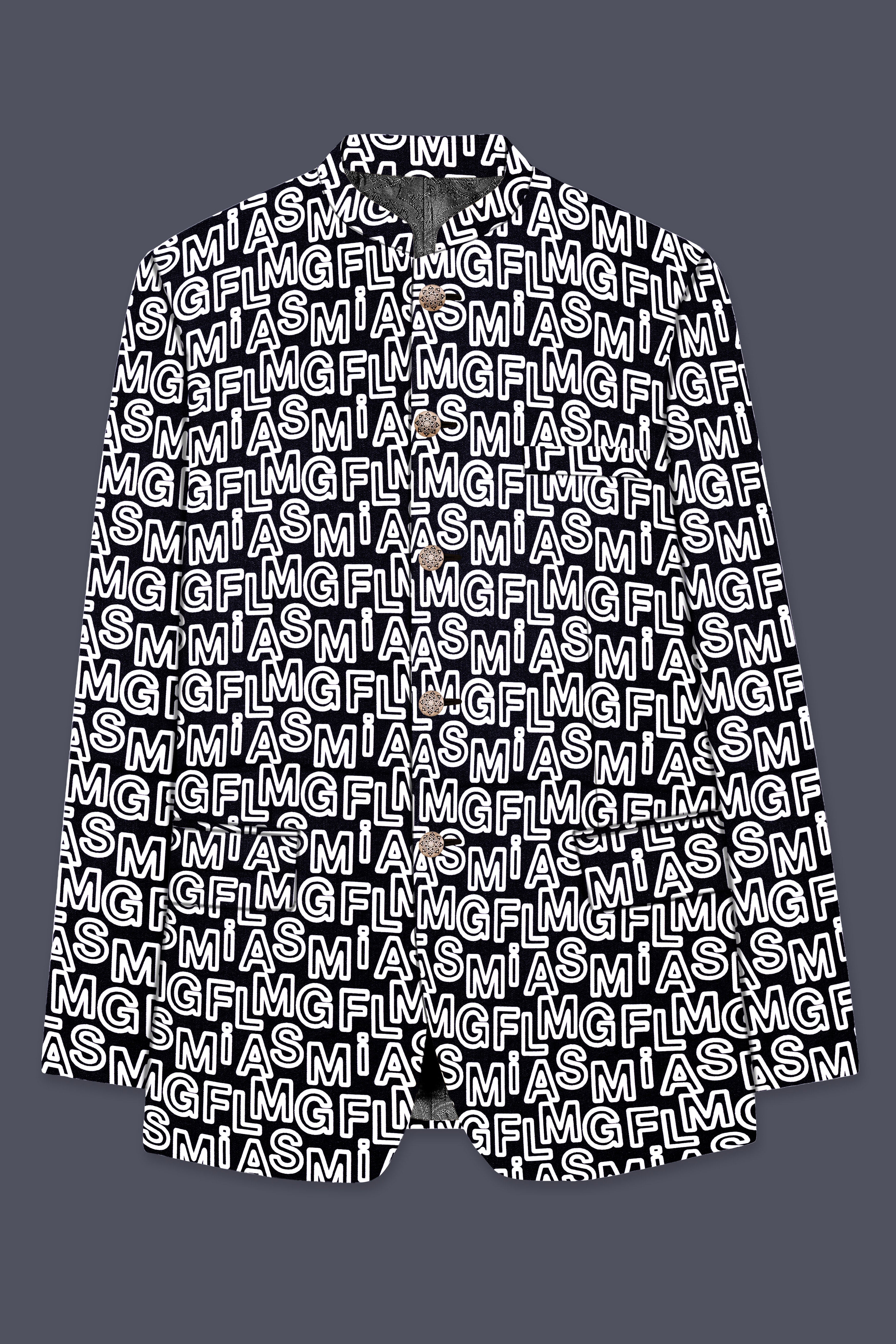 Jaguar Black And Bright White Alphabets Printed Premium Cotton Designer Bandhgala Blazer