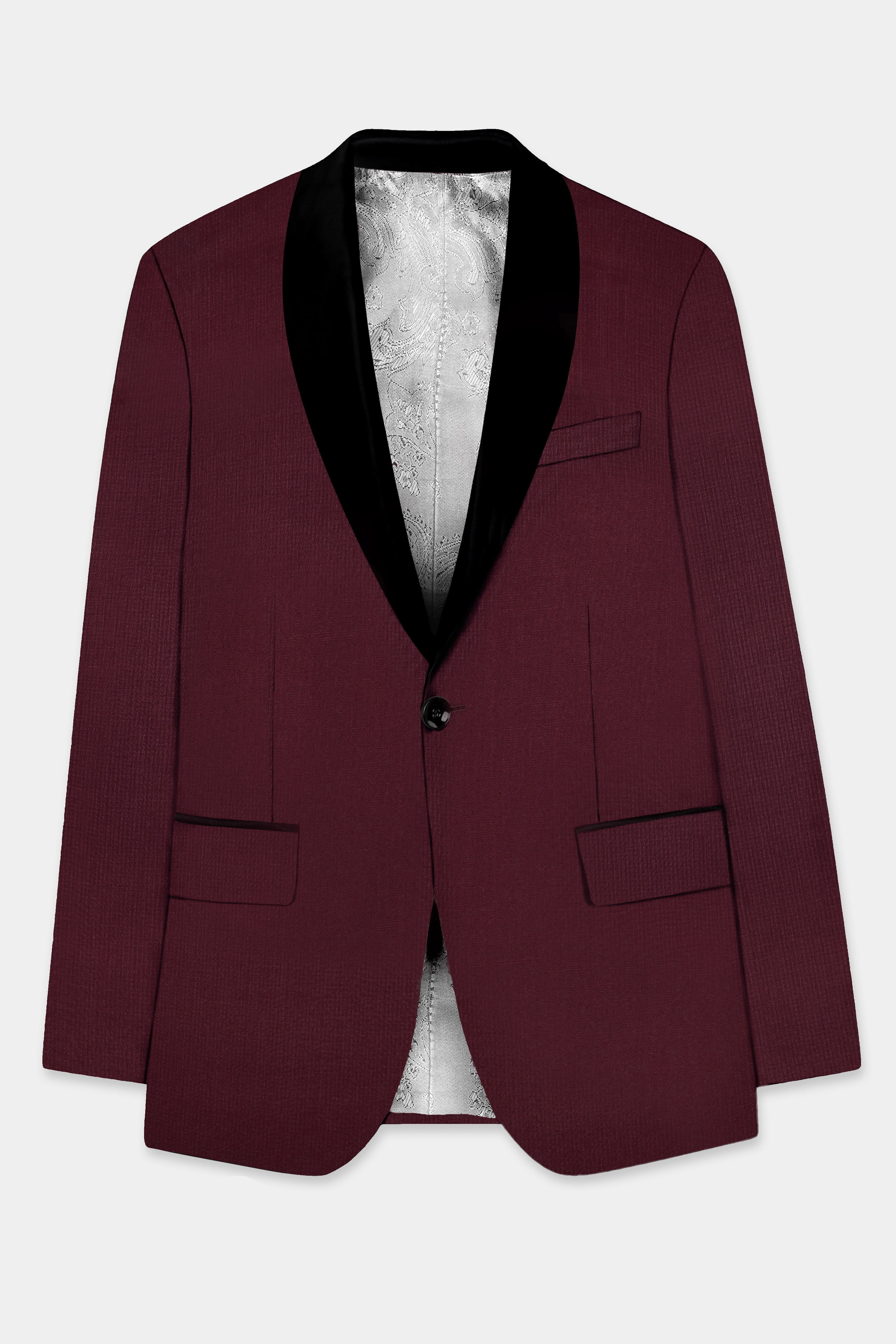Merlot-Wine Berry Solid Wool Rich Tuxedo Slight Stretch Blazer