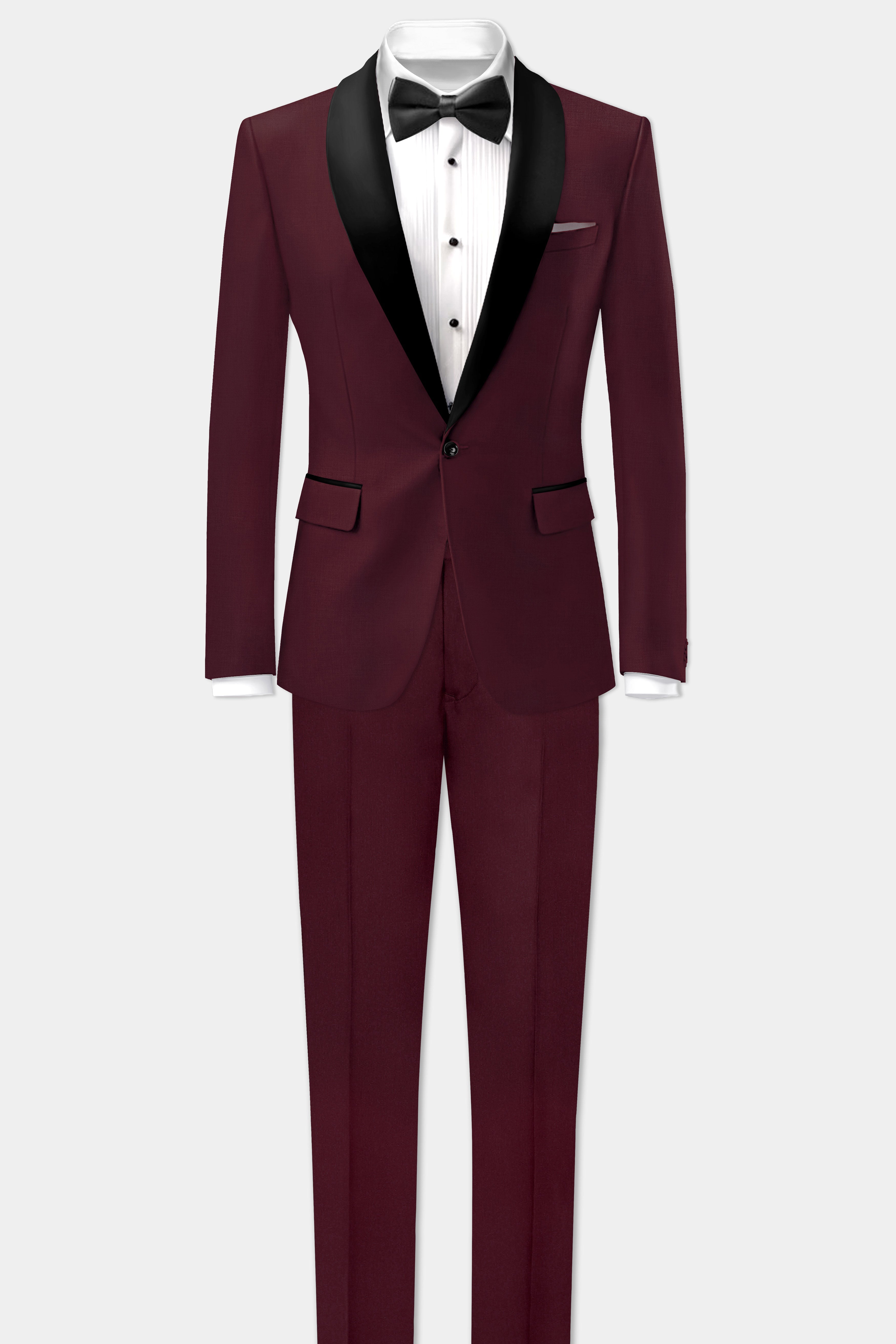 Merlot-Wine Berry Solid Wool Rich Tuxedo Slight Stretch Blazer