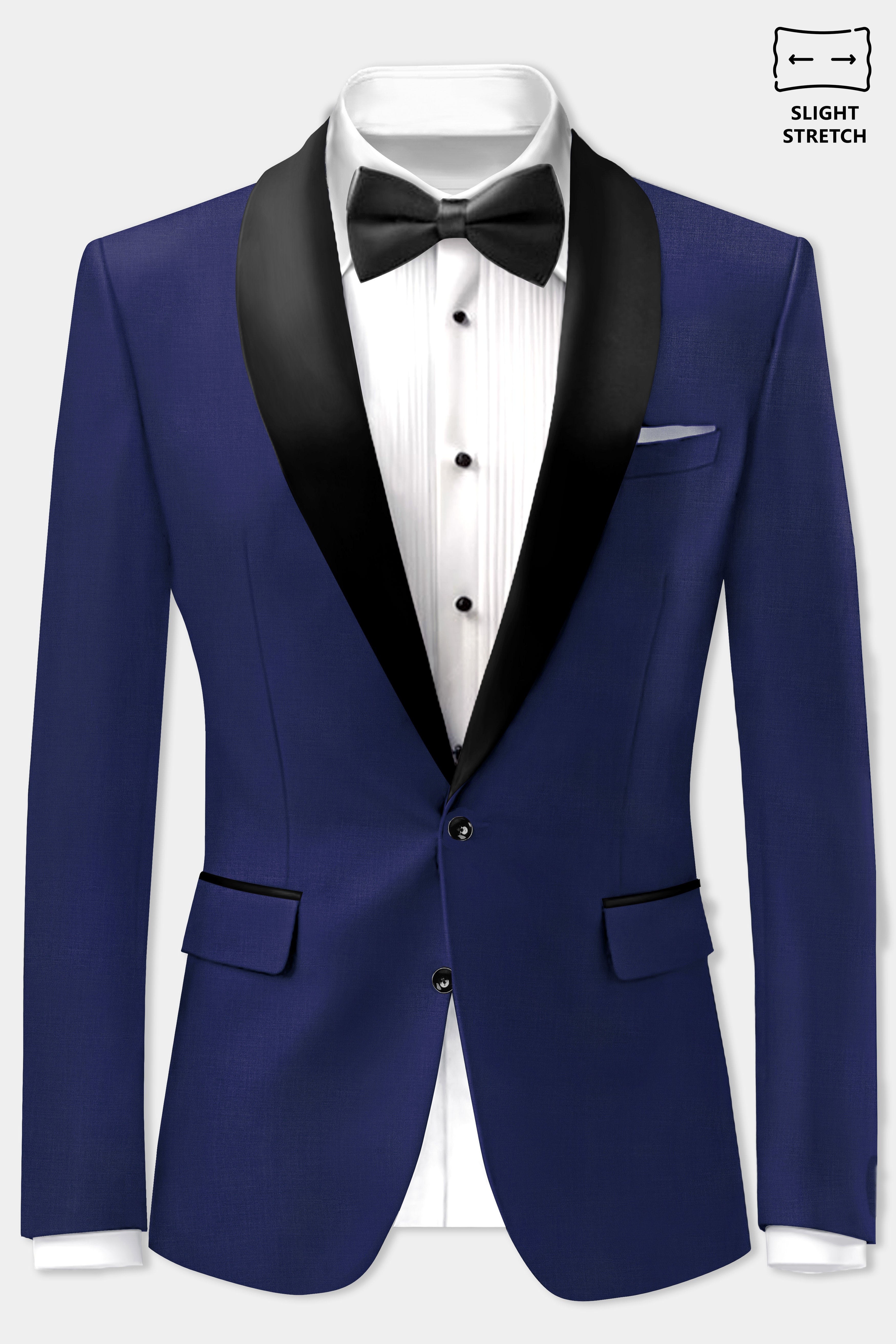 Celestia-Blue Solid Wool Rich Tuxedo Slight Stretch Blazer