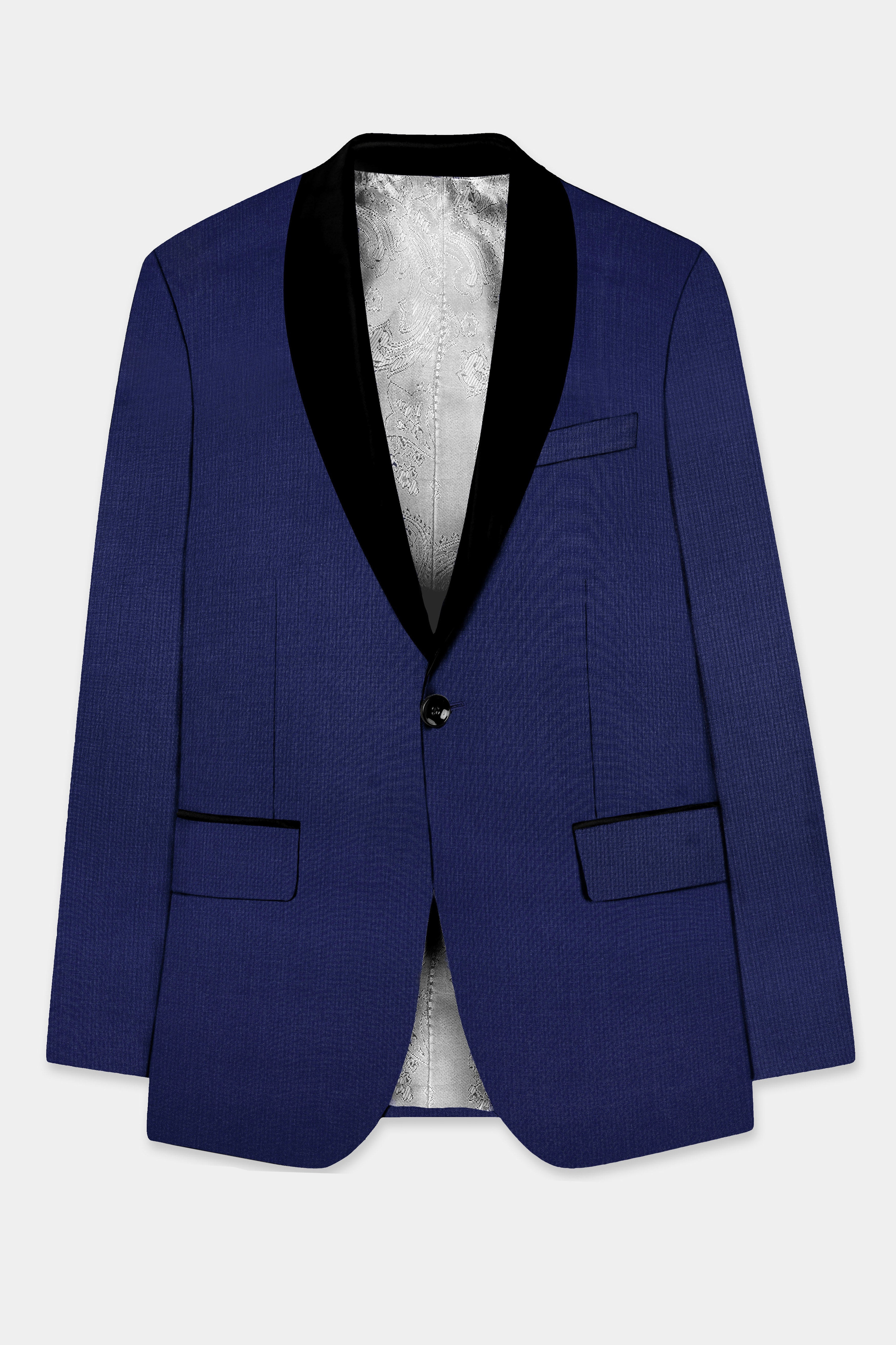 Celestia-Blue Solid Wool Rich Tuxedo Slight Stretch Blazer