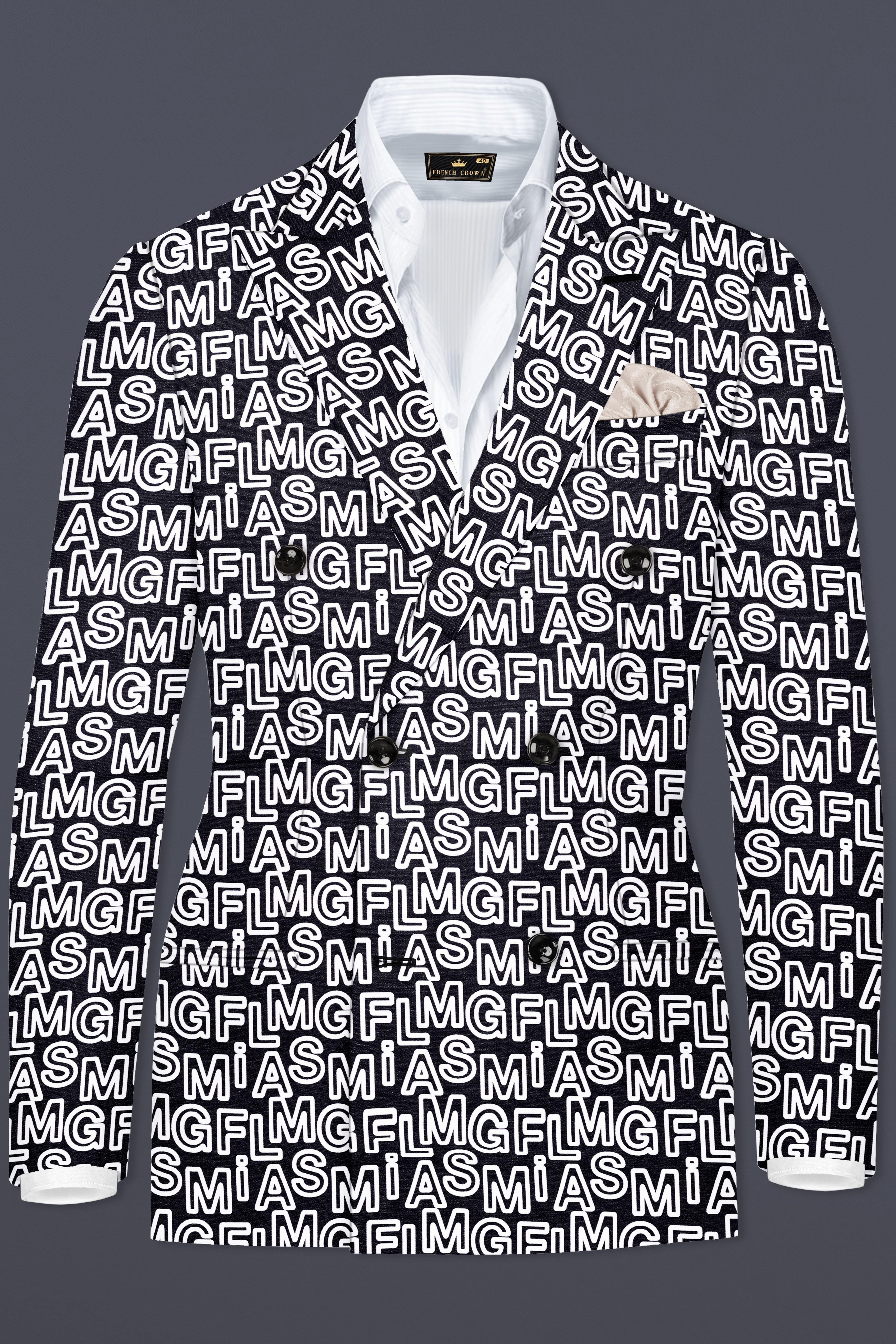 Jaguar Black And Bright White Alphabets Printed Premium Cotton Designer Double Breasted Blazer