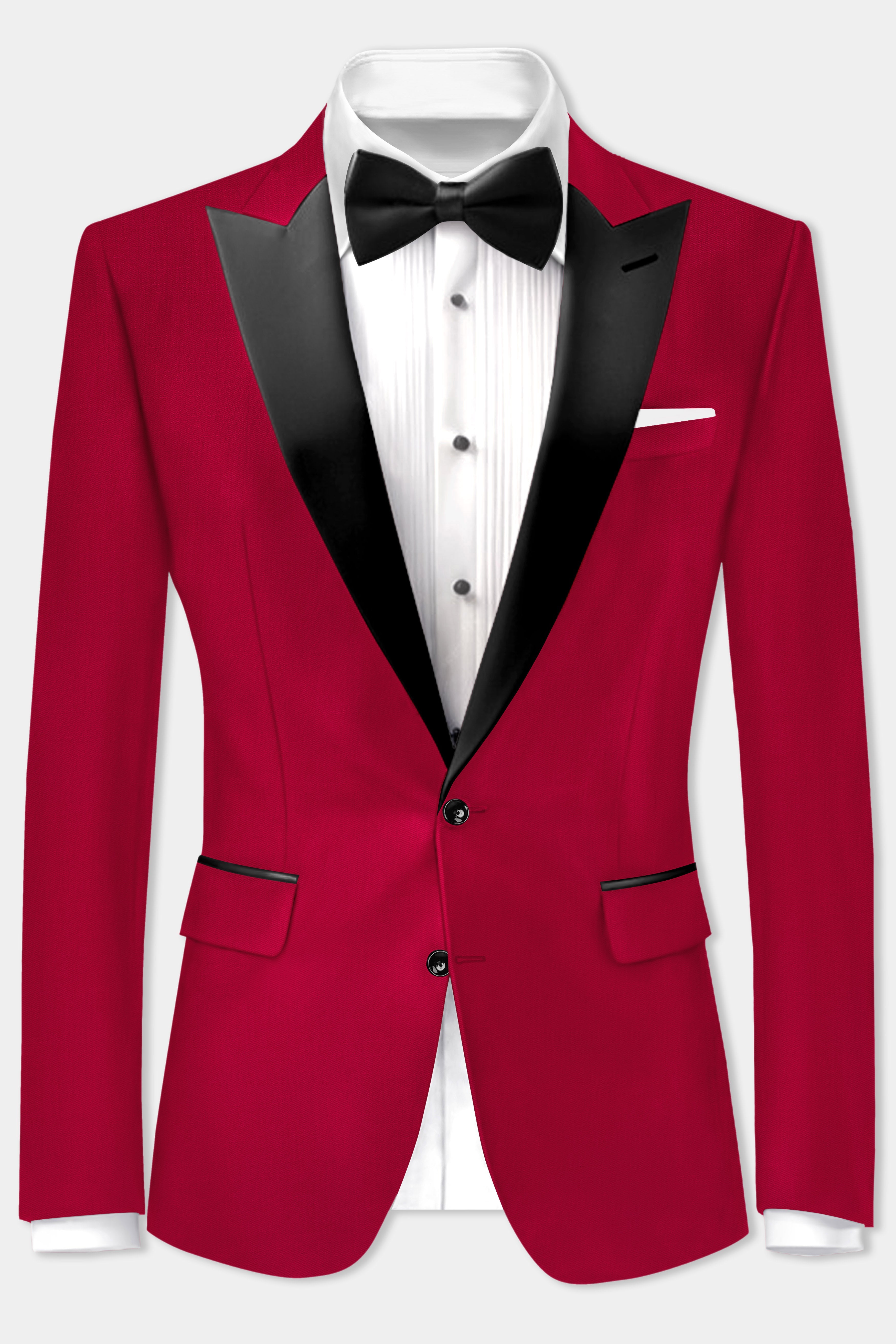 Vermilion-Chili Red Solid Wool Rich Peak Lapel Tuxedo Blazer