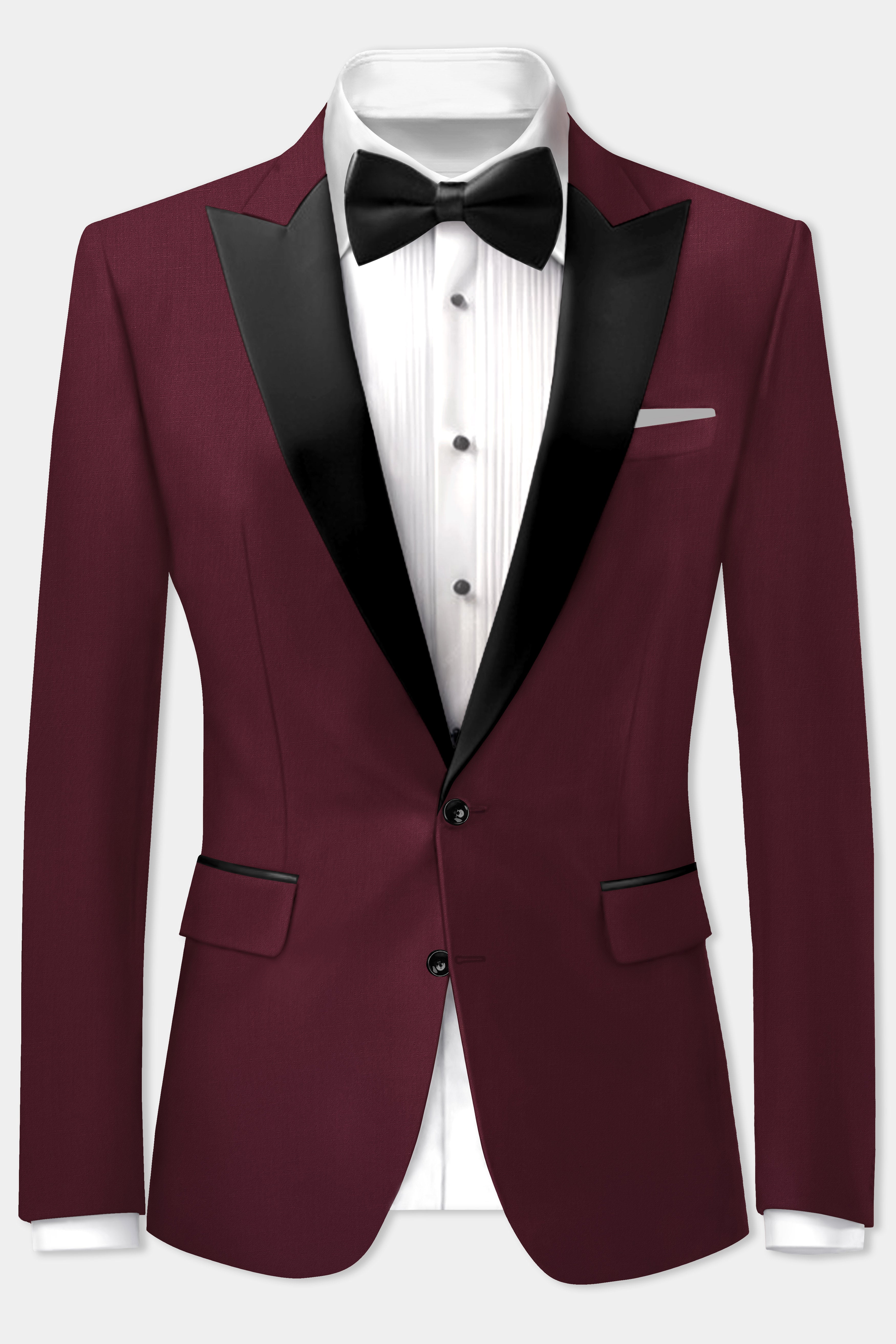 Merlot-Wine Berry Solid Wool Rich Peak Lapel Tuxedo Blazer