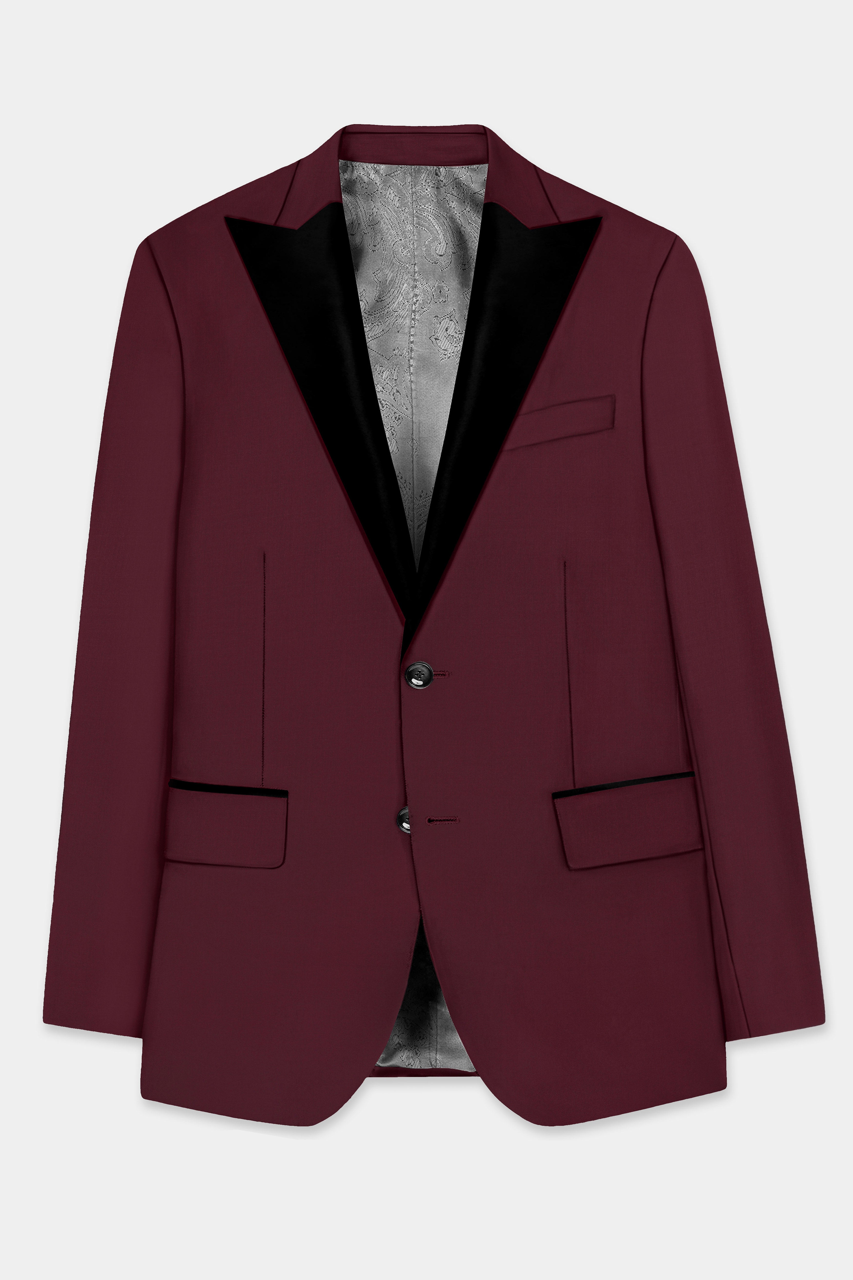 Merlot-Wine Berry Solid Wool Rich Peak Lapel Tuxedo Blazer