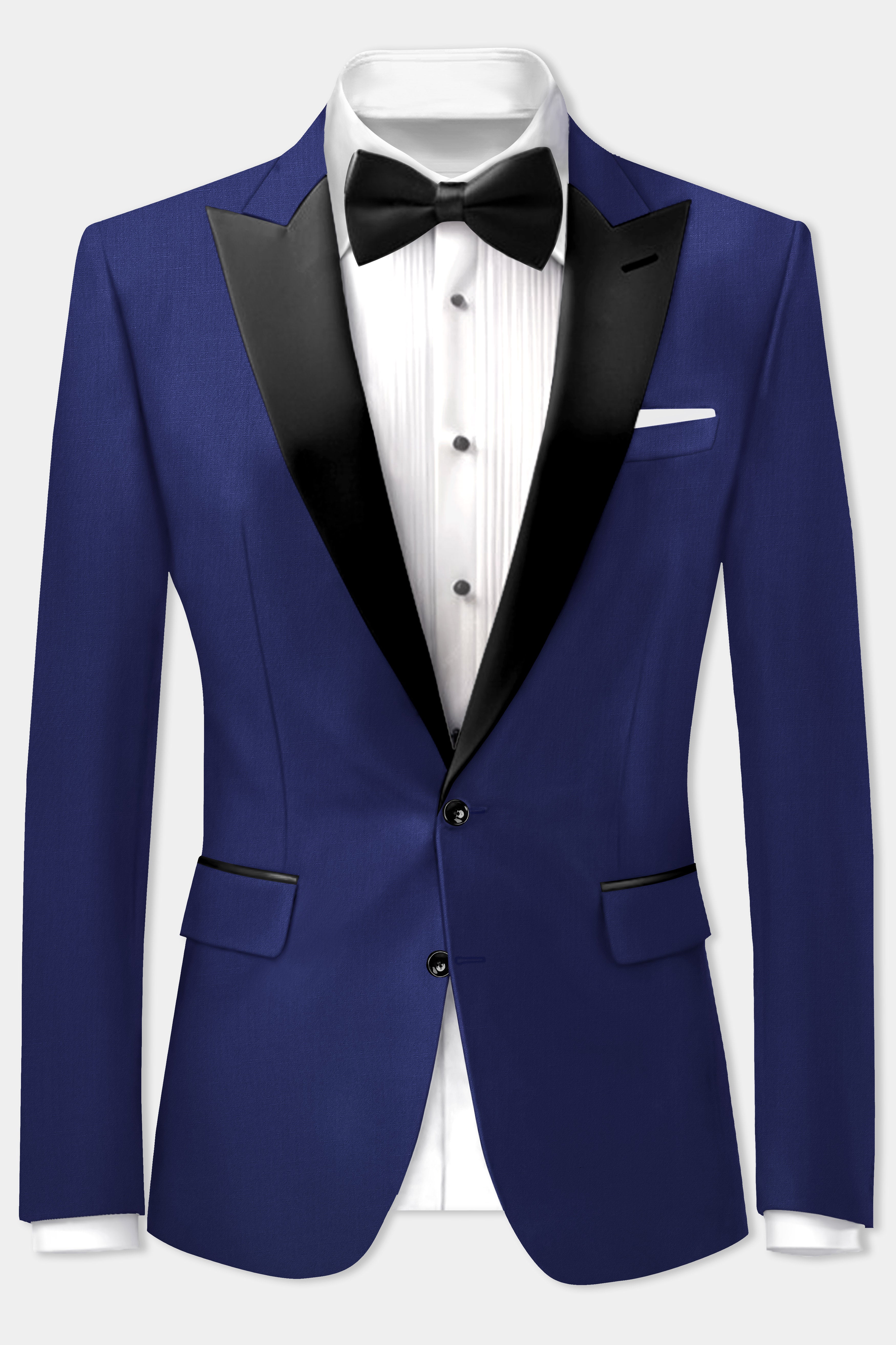 Celestia-Zodiac Blue Solid Wool Rich Peak Lapel Tuxedo Blazer