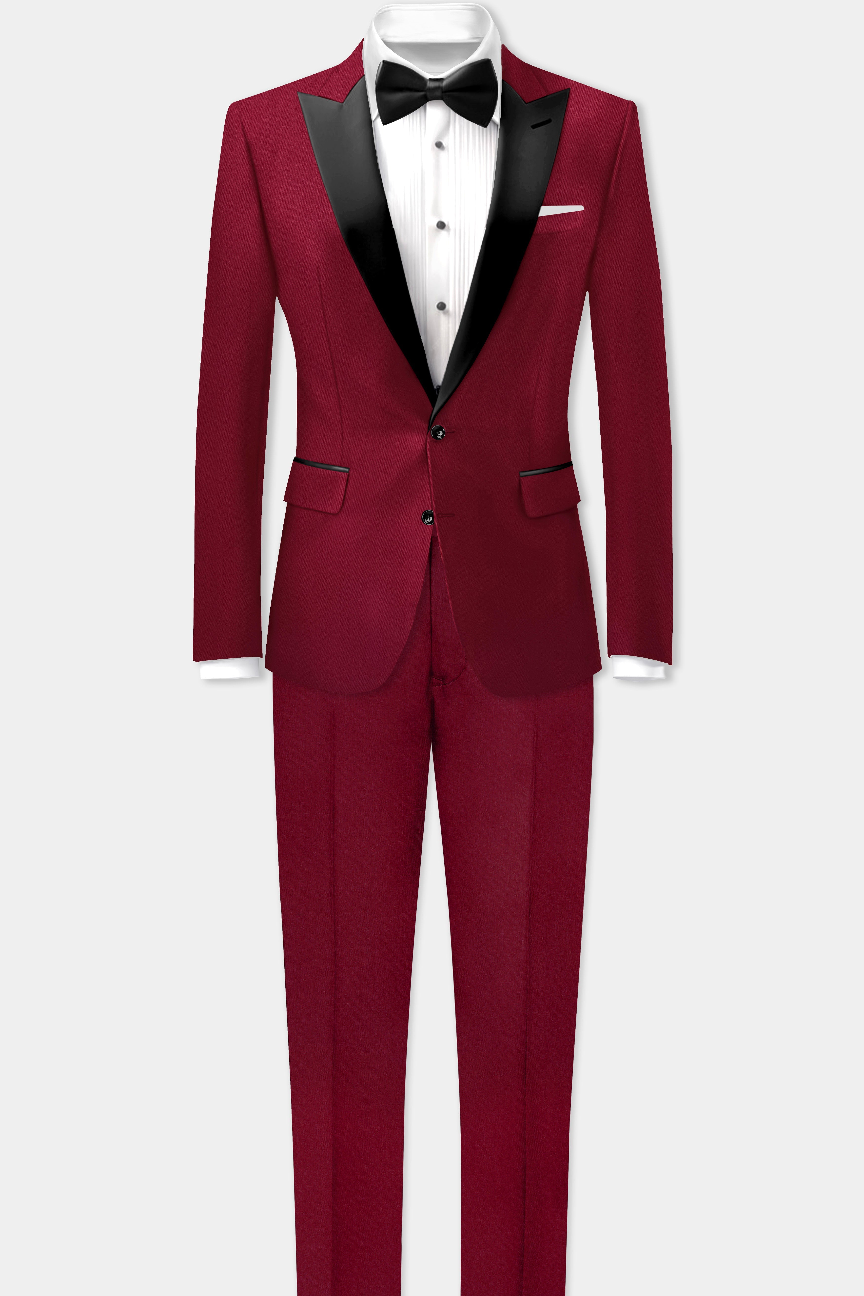 CrimsonAce-Cherry Red Solid Wool Rich Peak Lapel Tuxedo Blazer