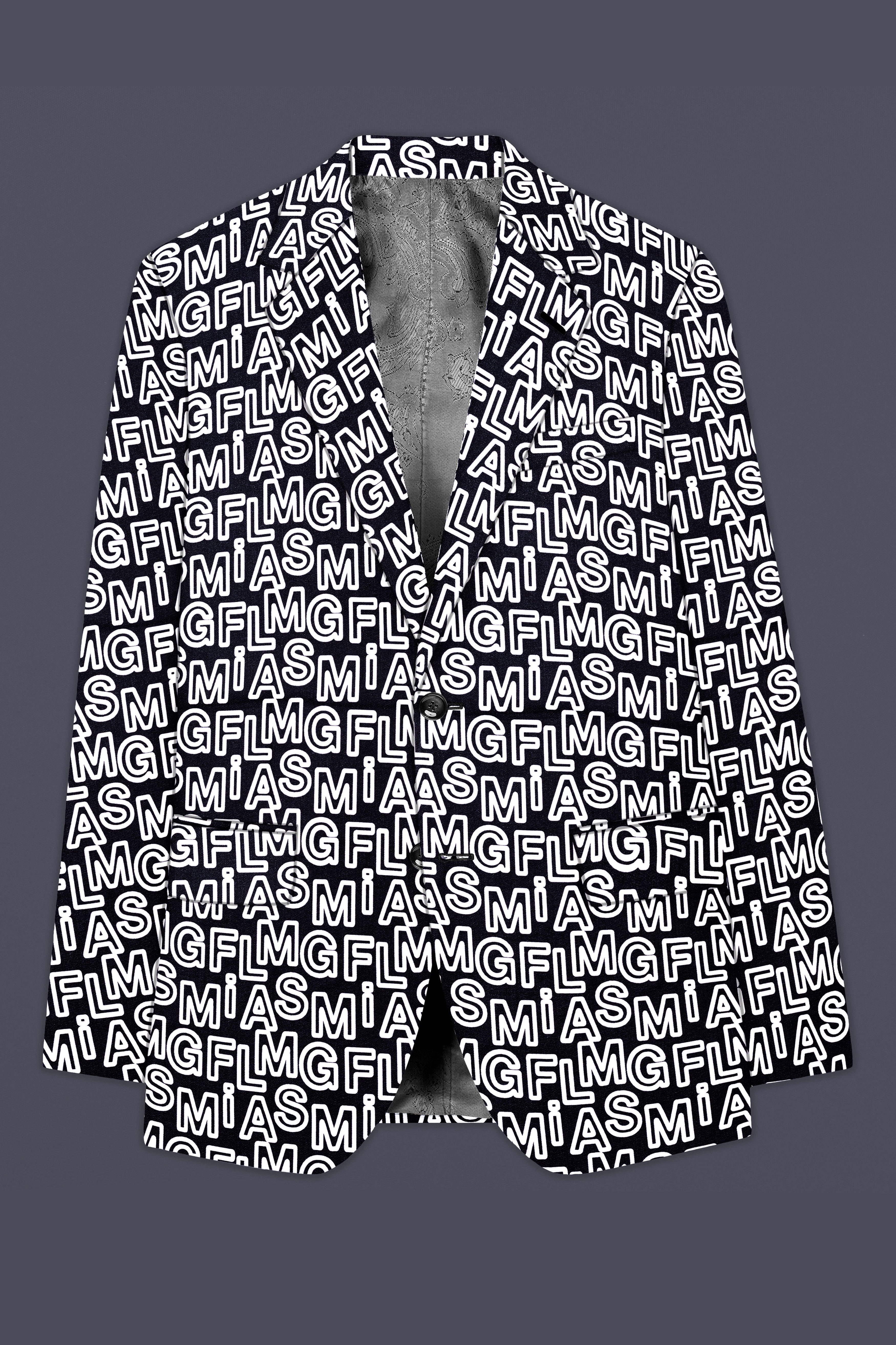 Jaguar Black And Bright White Alphabets Printed Premium Cotton Designer Single Breasted Blazer