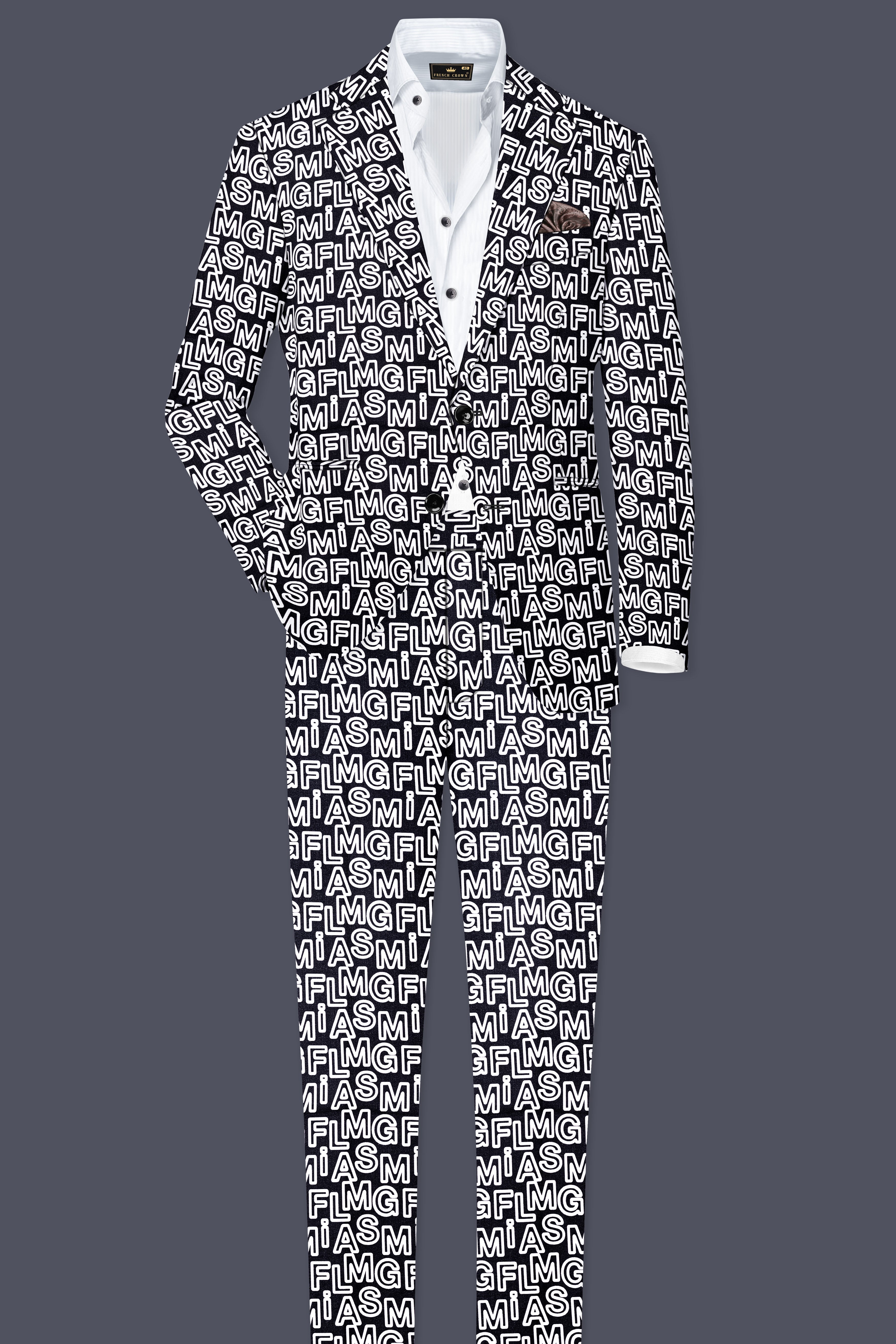 Jaguar Black And Bright White Alphabets Printed Premium Cotton Designer Single Breasted Blazer