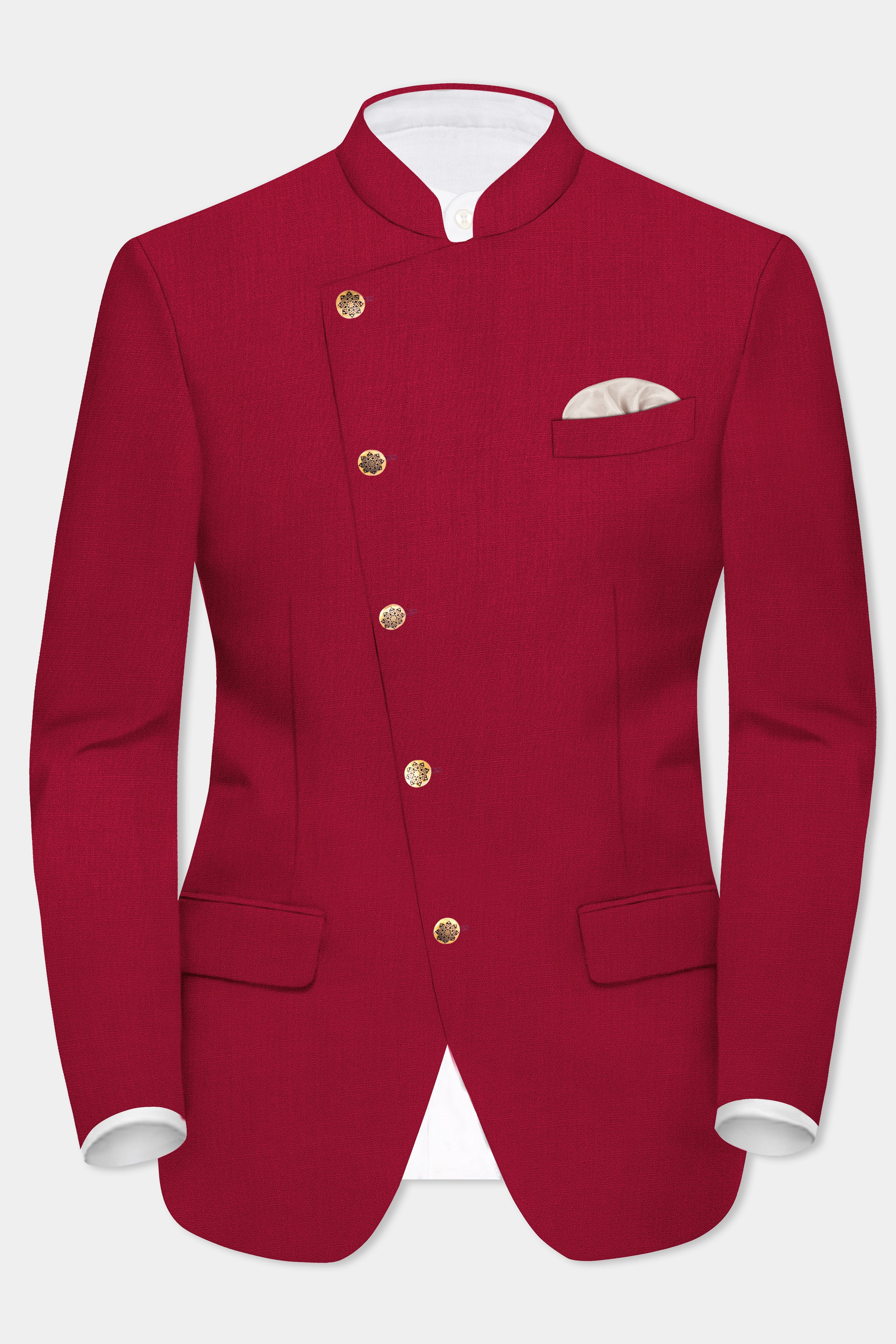 Vermilion-Chili Red Solid Wool Rich Cross Placket Bandhgala Blazer