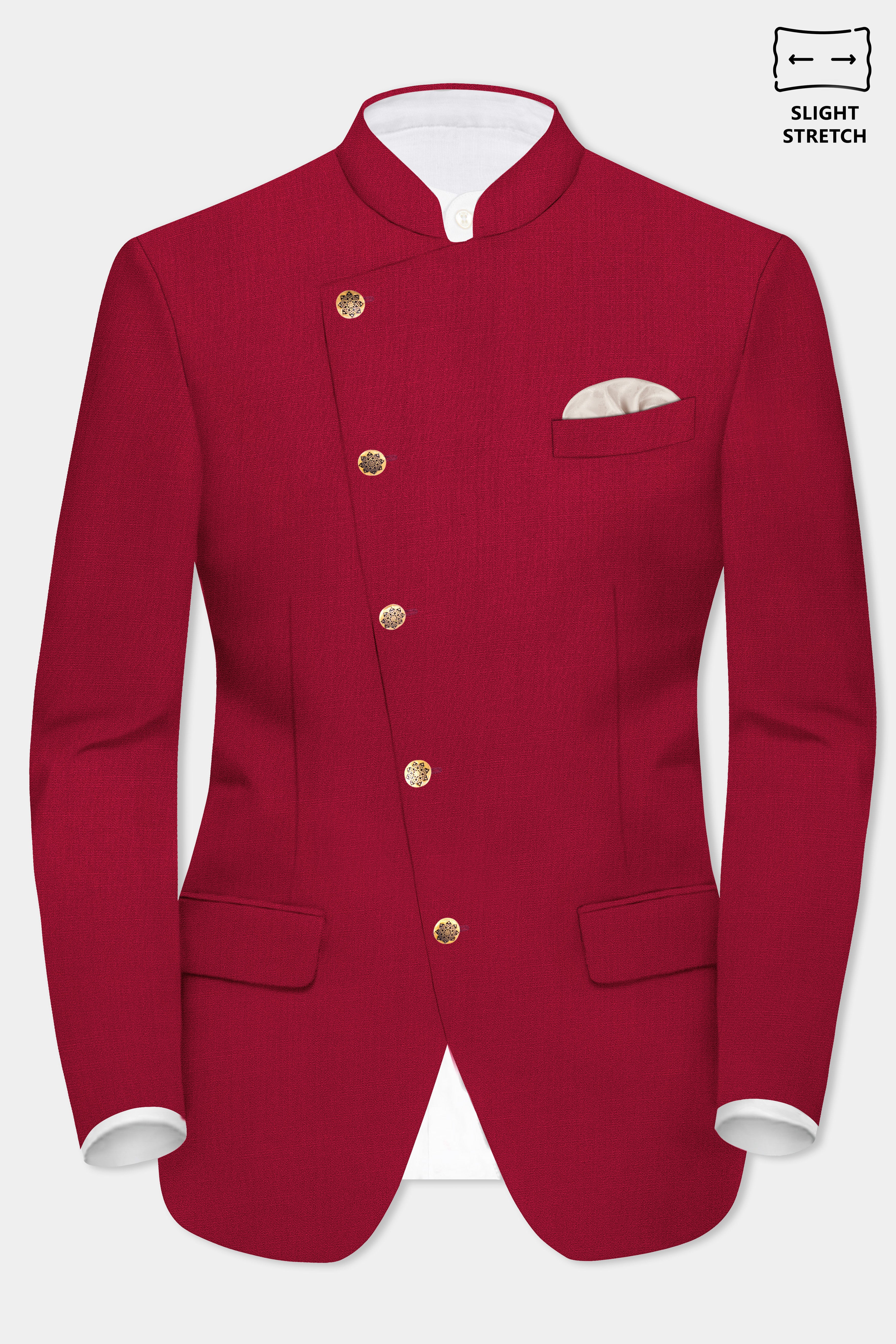 Vermilion-Chili Red Solid Wool Rich Cross Placket Bandhgala Slight Stretch Blazer