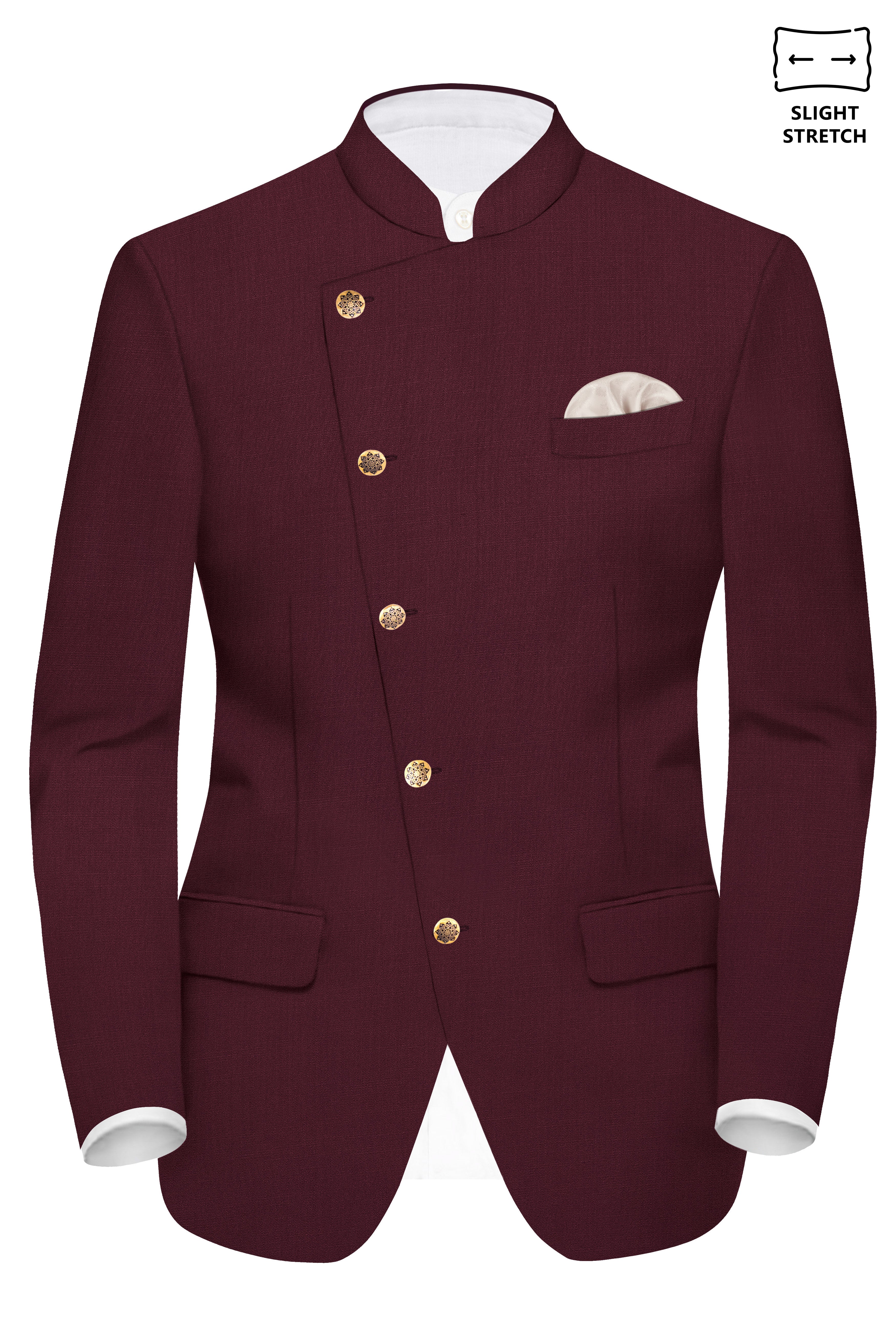 Merlot-Wine Berry Solid Wool Rich Cross Placket Bandhgala Slight Stretch Blazer