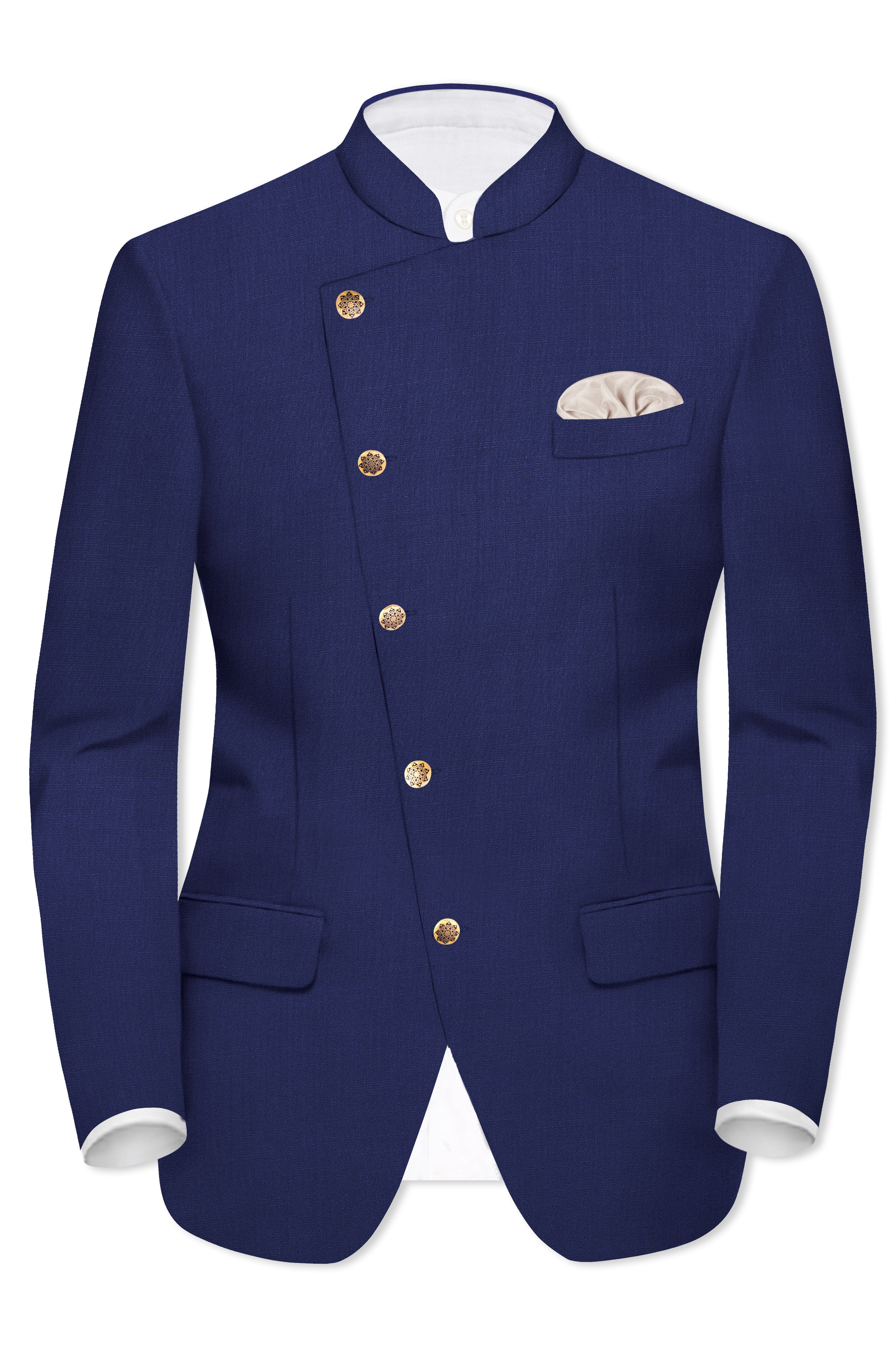 Celestia-Zodiac Blue Solid Wool Rich Cross Placket Bandhgala Blazer