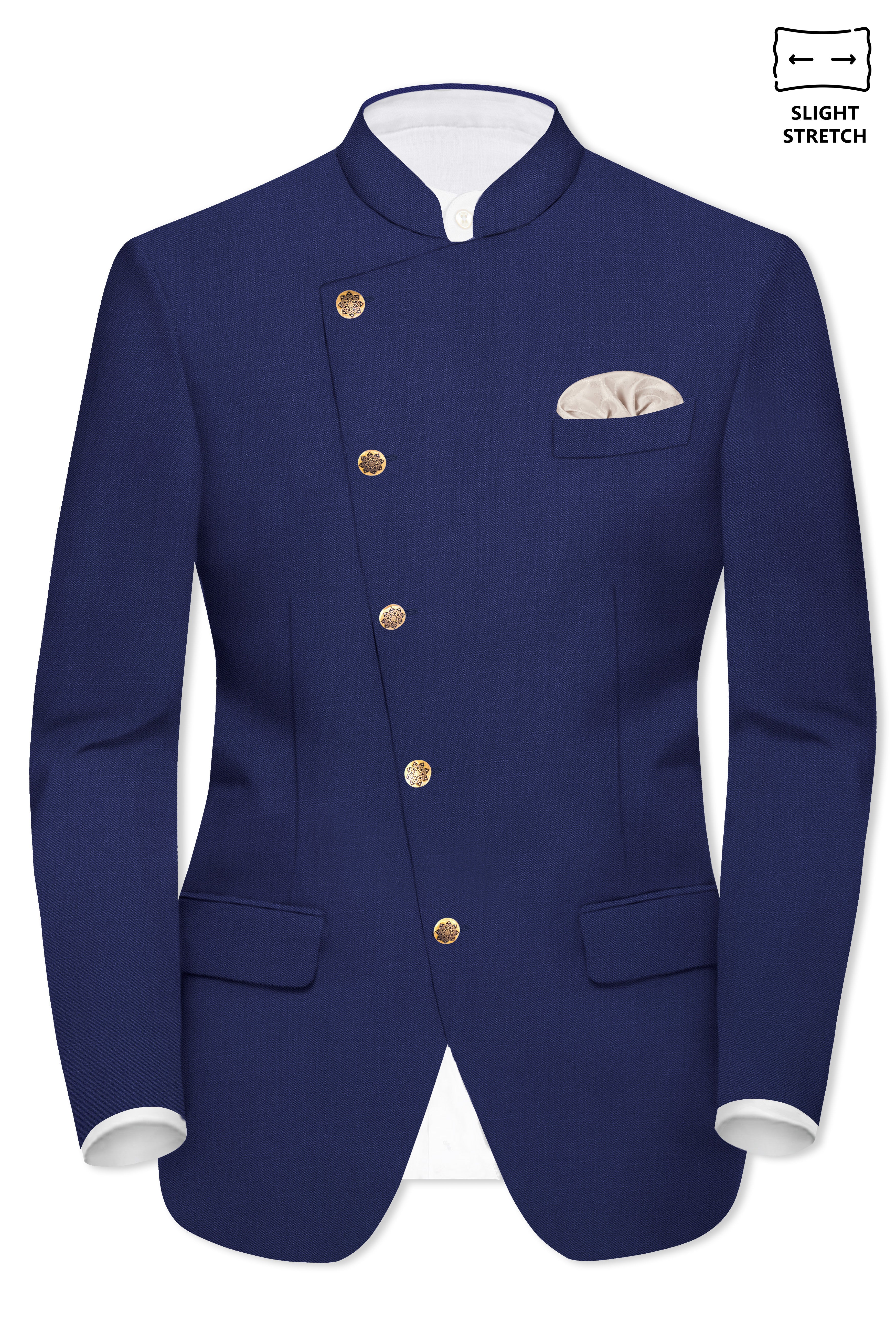 Celestia-Blue Solid Wool Rich Cross Placket Bandhgala Slight Stretch Blazer