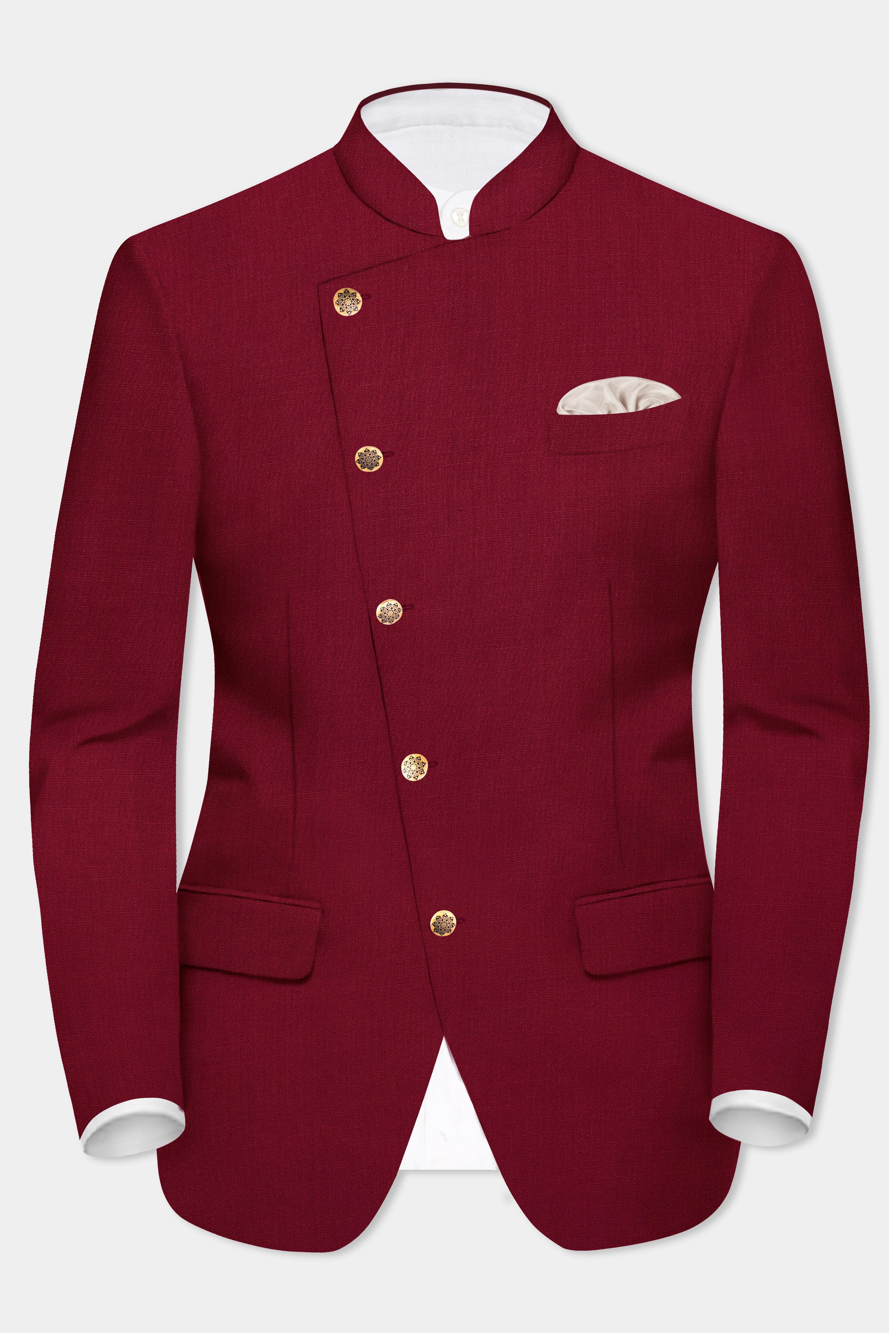 CrimsonAce-Cherry Red Solid Wool Rich Cross Placket Bandhgala Blazer