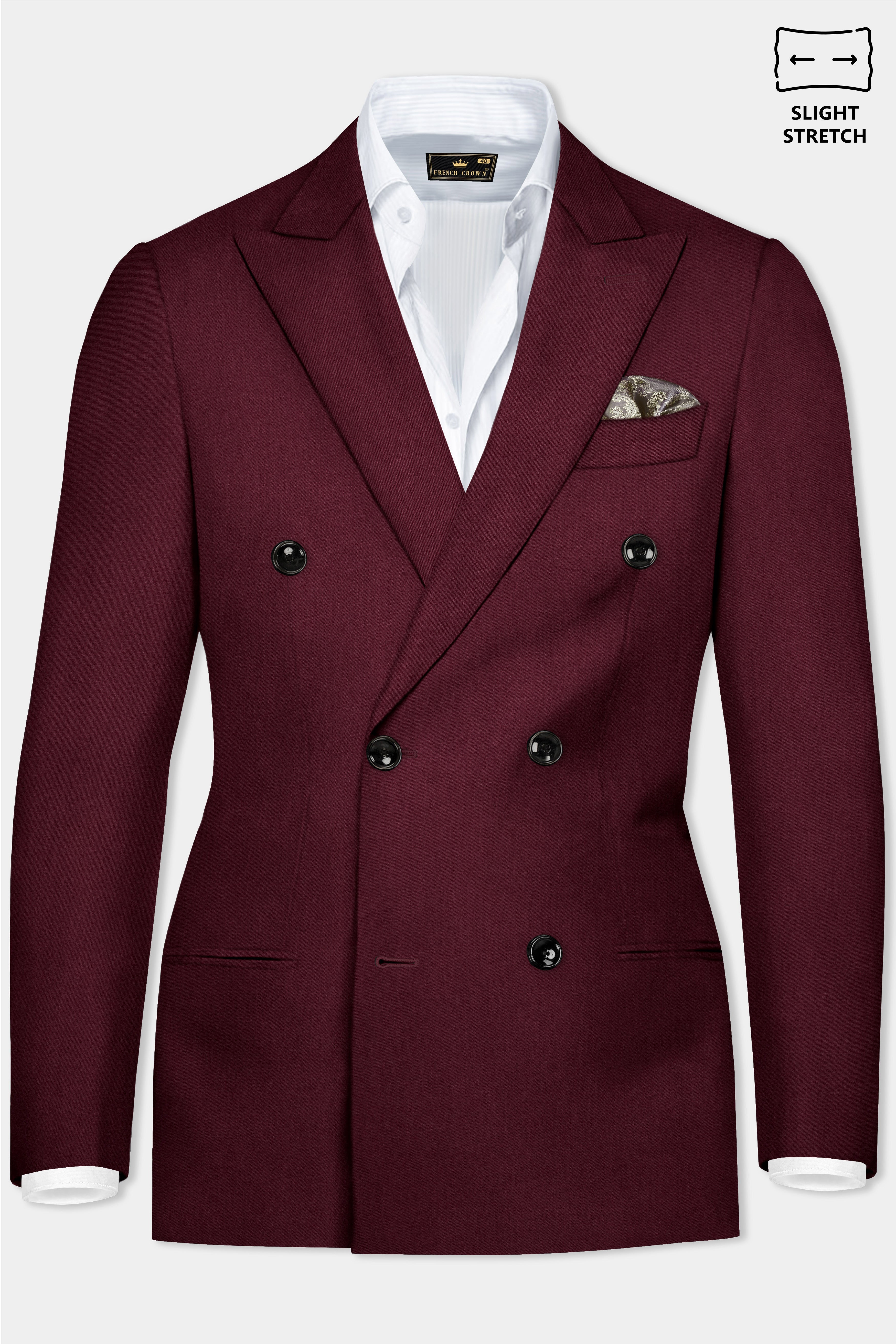 Merlot-Wine Berry Solid Wool Rich Double Breasted Slight Stretch Blazer