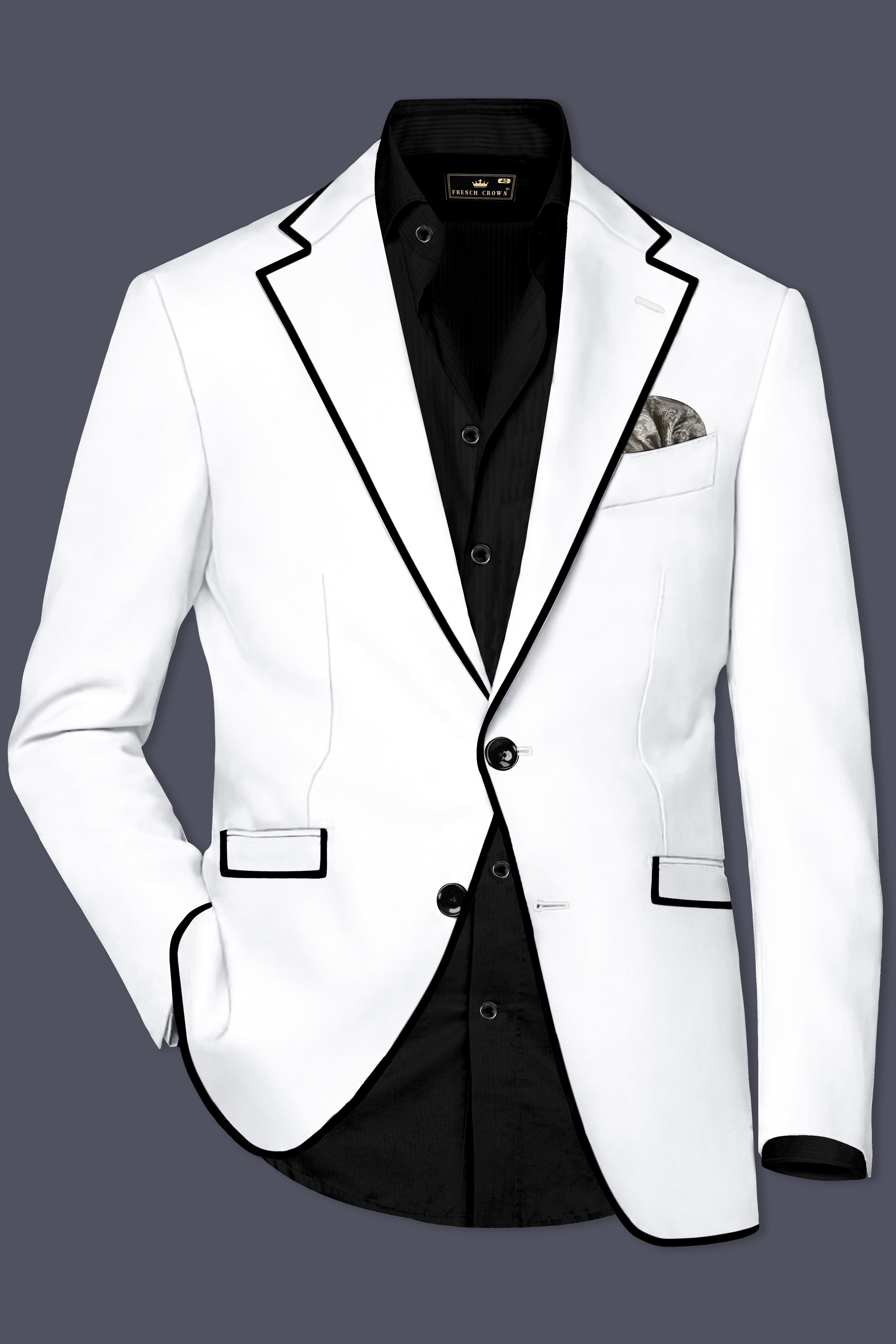 Zenith-Bright White Stretchable Subtle Sheen with Black Border Patterned Designer Blazer