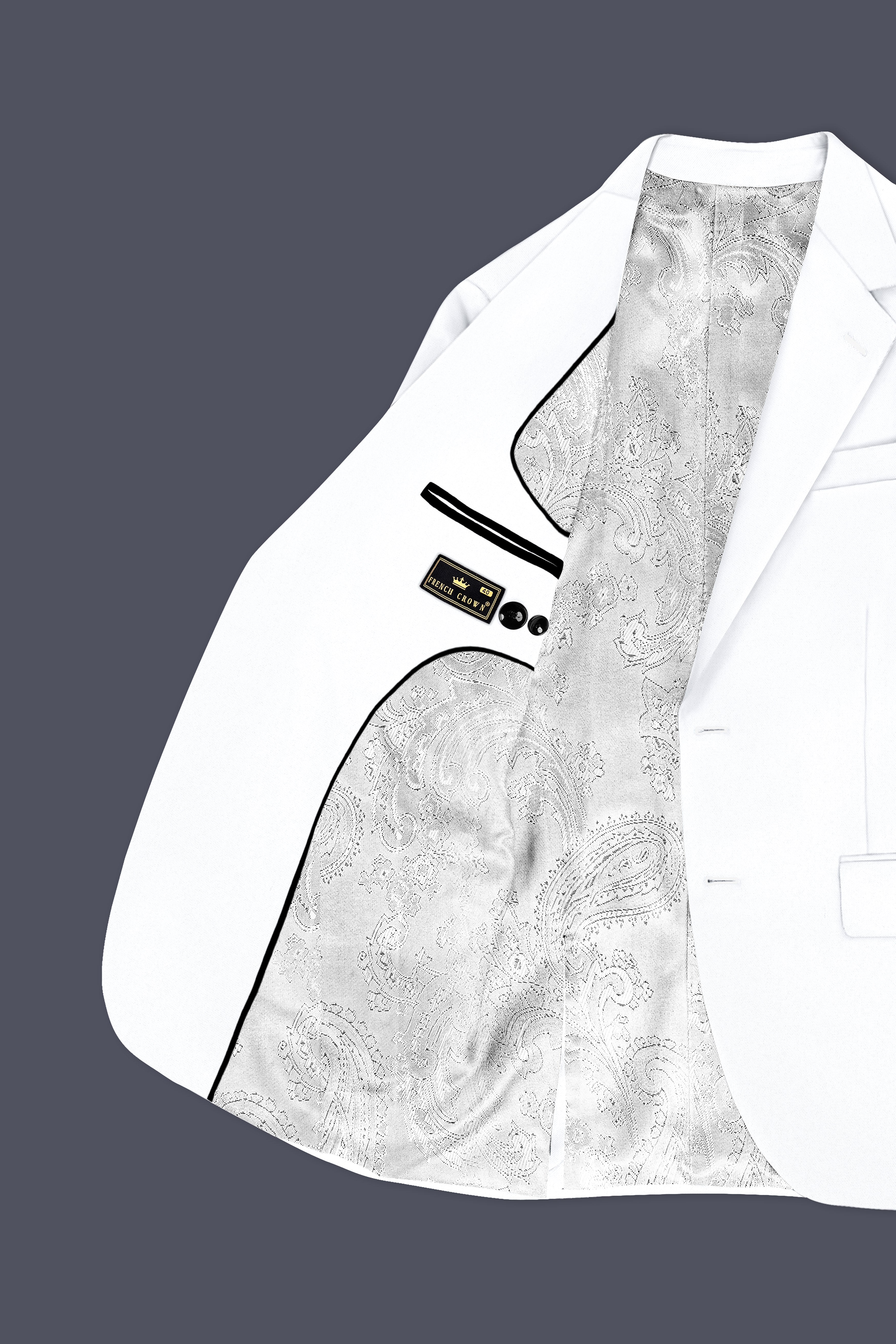 Zenith-Bright White Stretchable Subtle Sheen with Black Border Patterned Designer Blazer