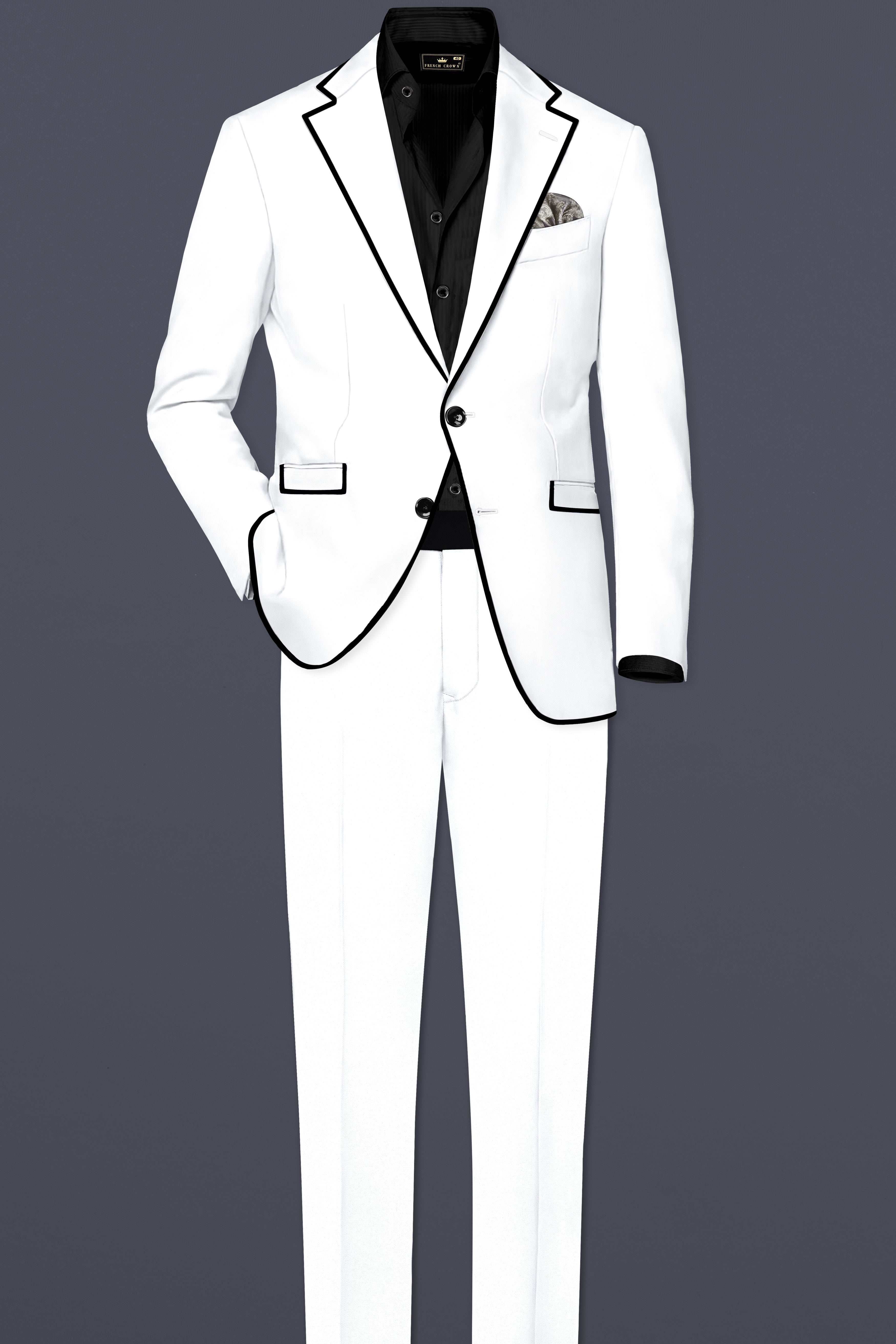 Zenith-Bright White Stretchable Subtle Sheen with Black Border Patterned Designer Blazer