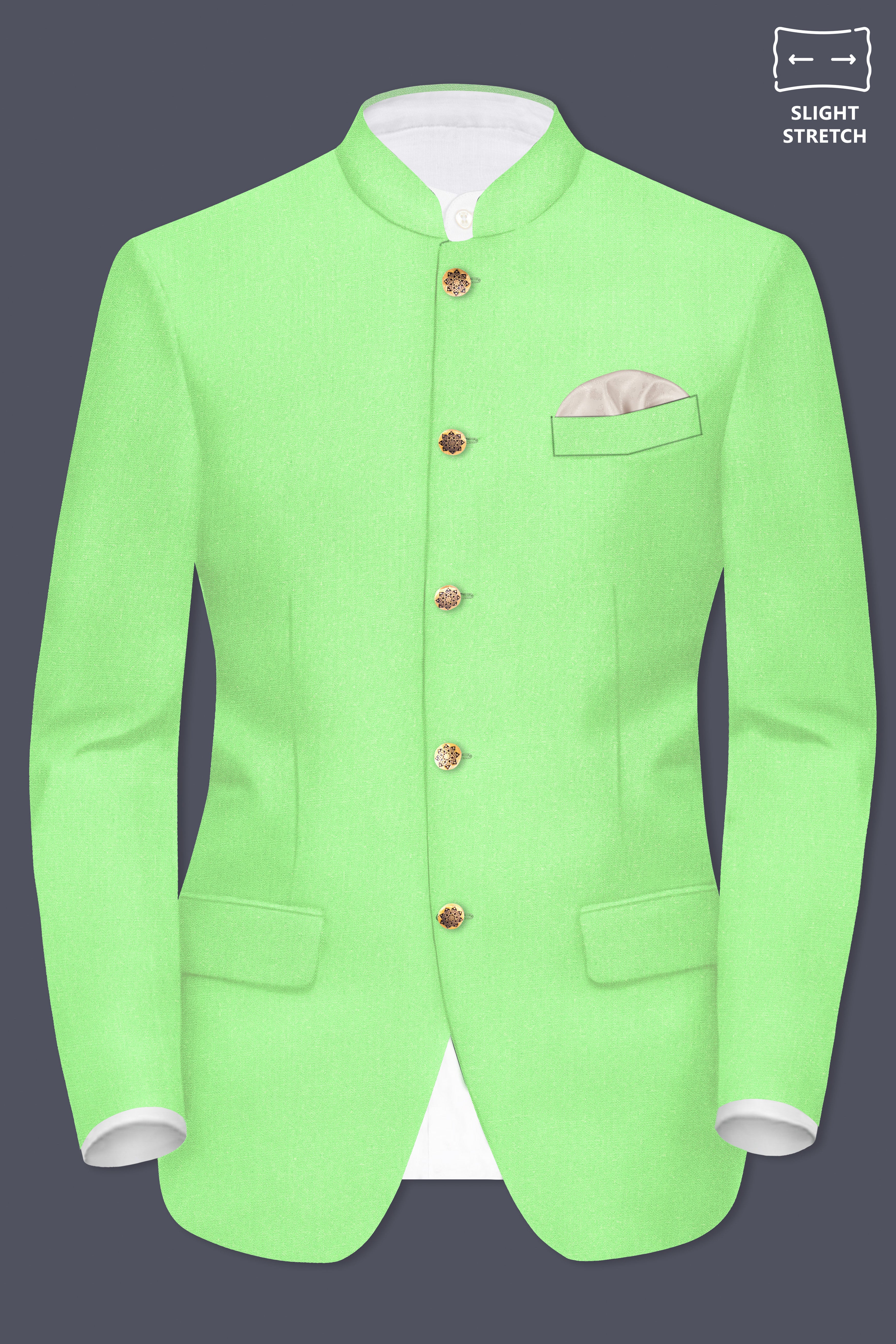 Emerald-Mint Green Solid Wool Rich Bandhgala Slight Stretch Blazer