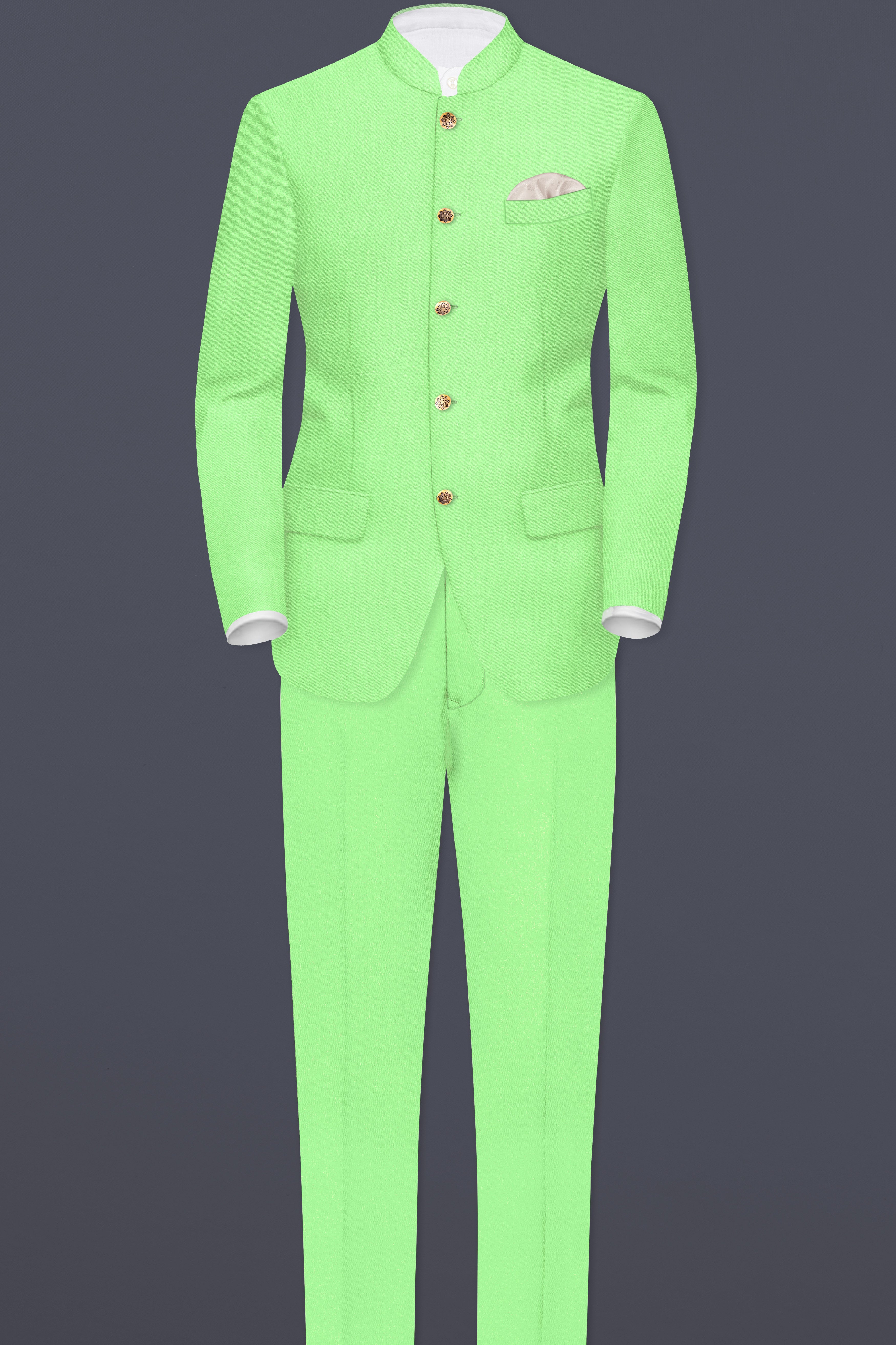 Emerald-Mint Green Solid Wool Rich Bandhgala Slight Stretch Blazer