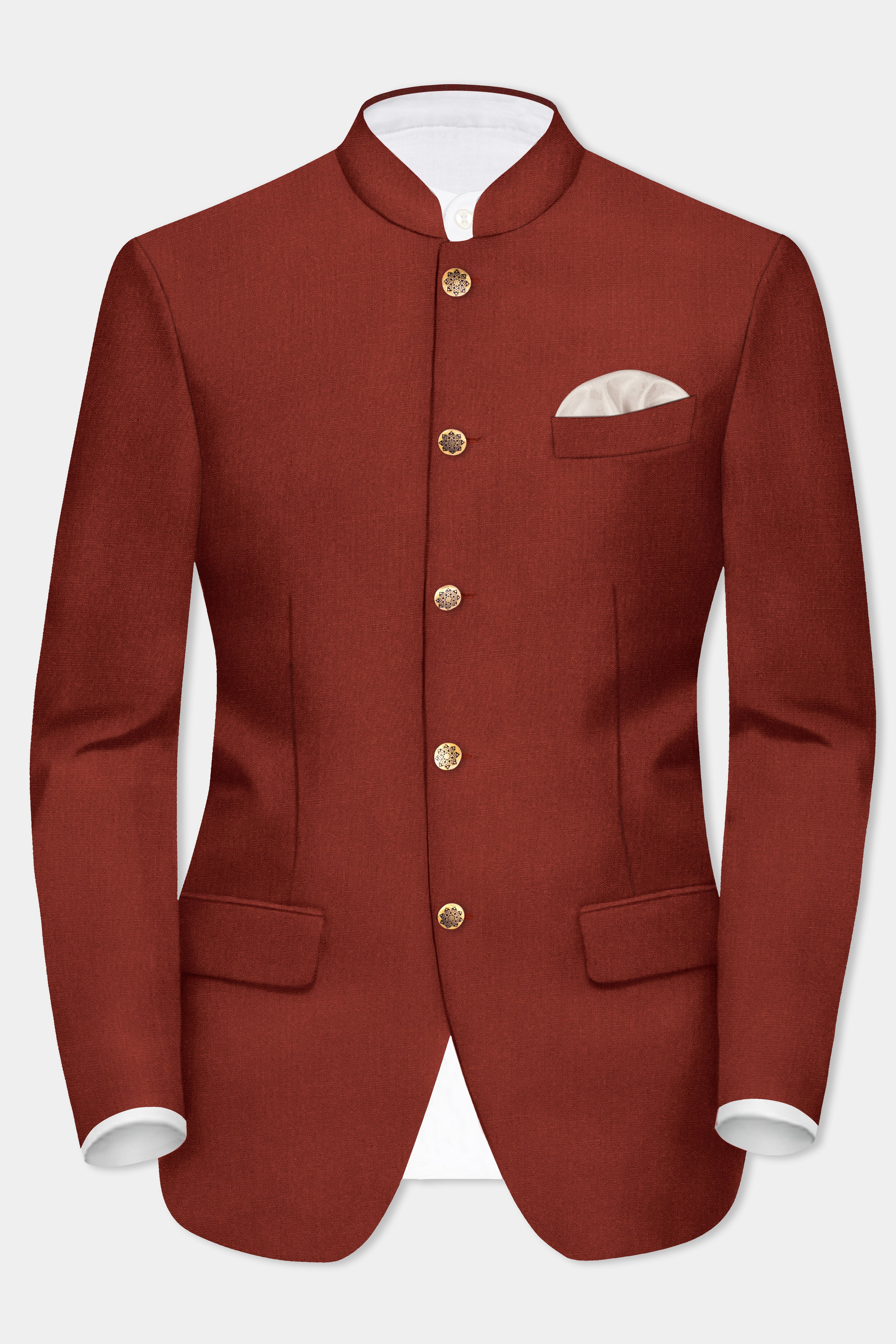 Inferno Rust-Brick Red Solid Wool Rich Bandhgala Blazer