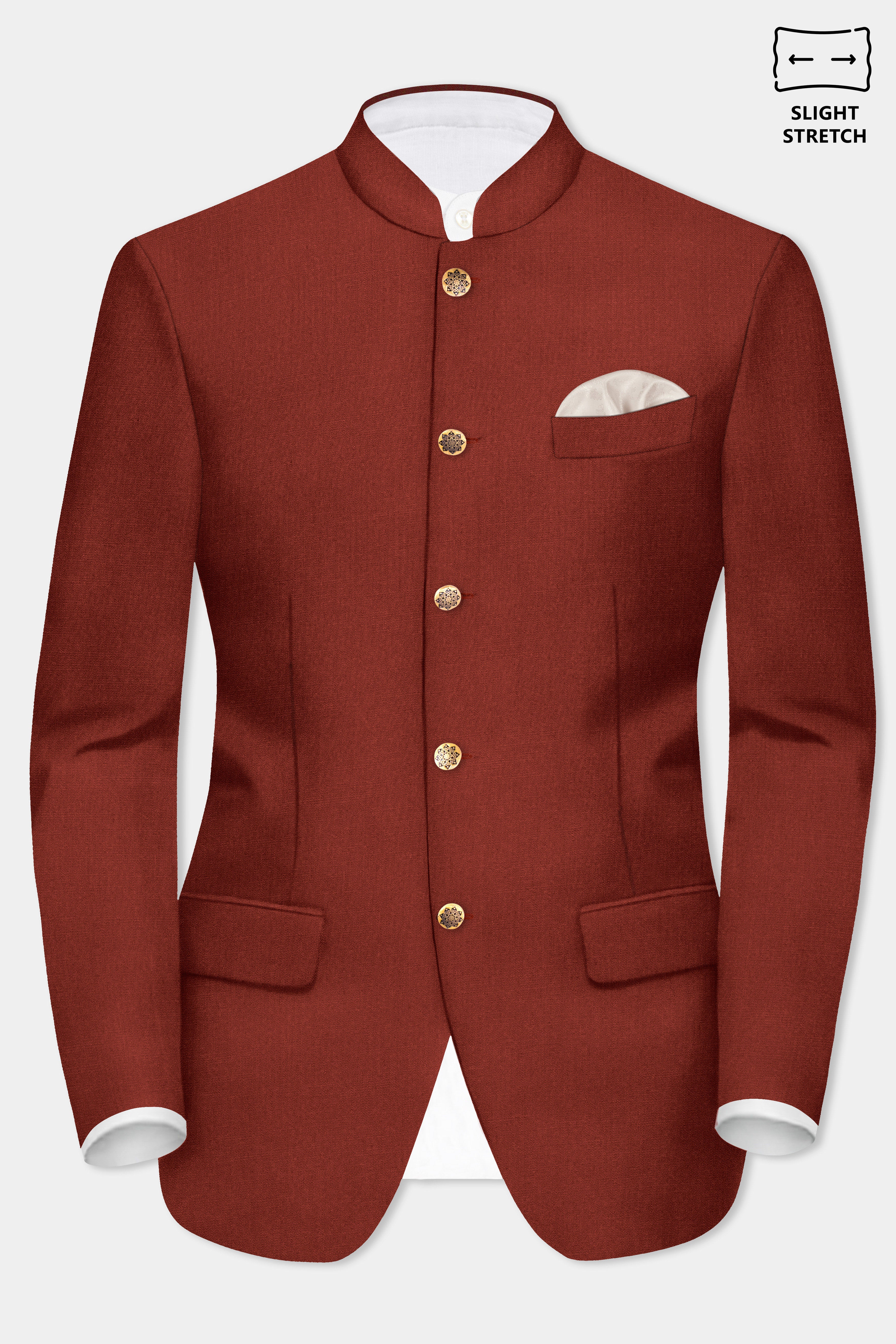 Inferno Rust-Brick Red Solid Wool Rich Bandhgala Slight Stretch Blazer