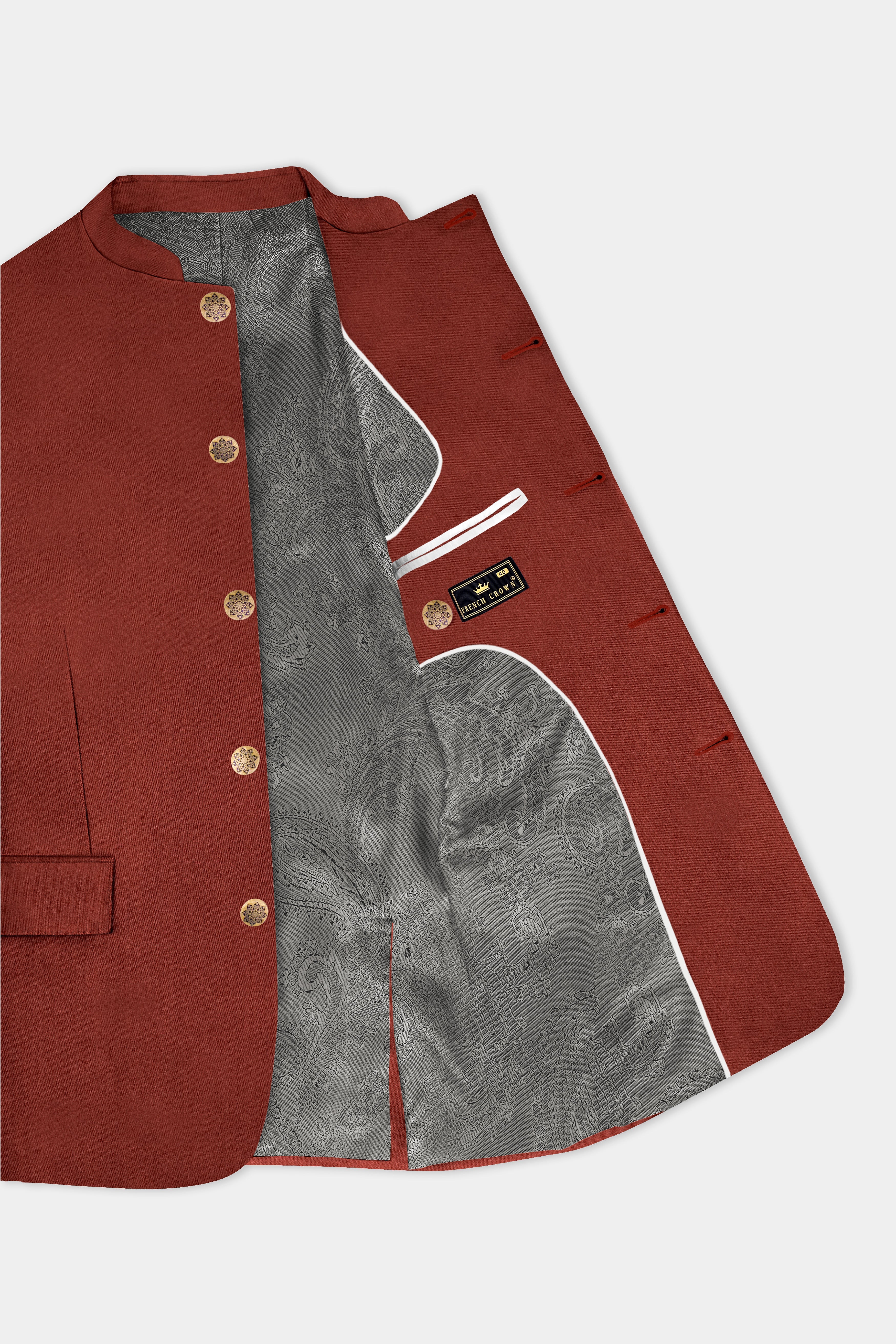 Inferno Rust-Brick Red Solid Wool Rich Bandhgala Blazer