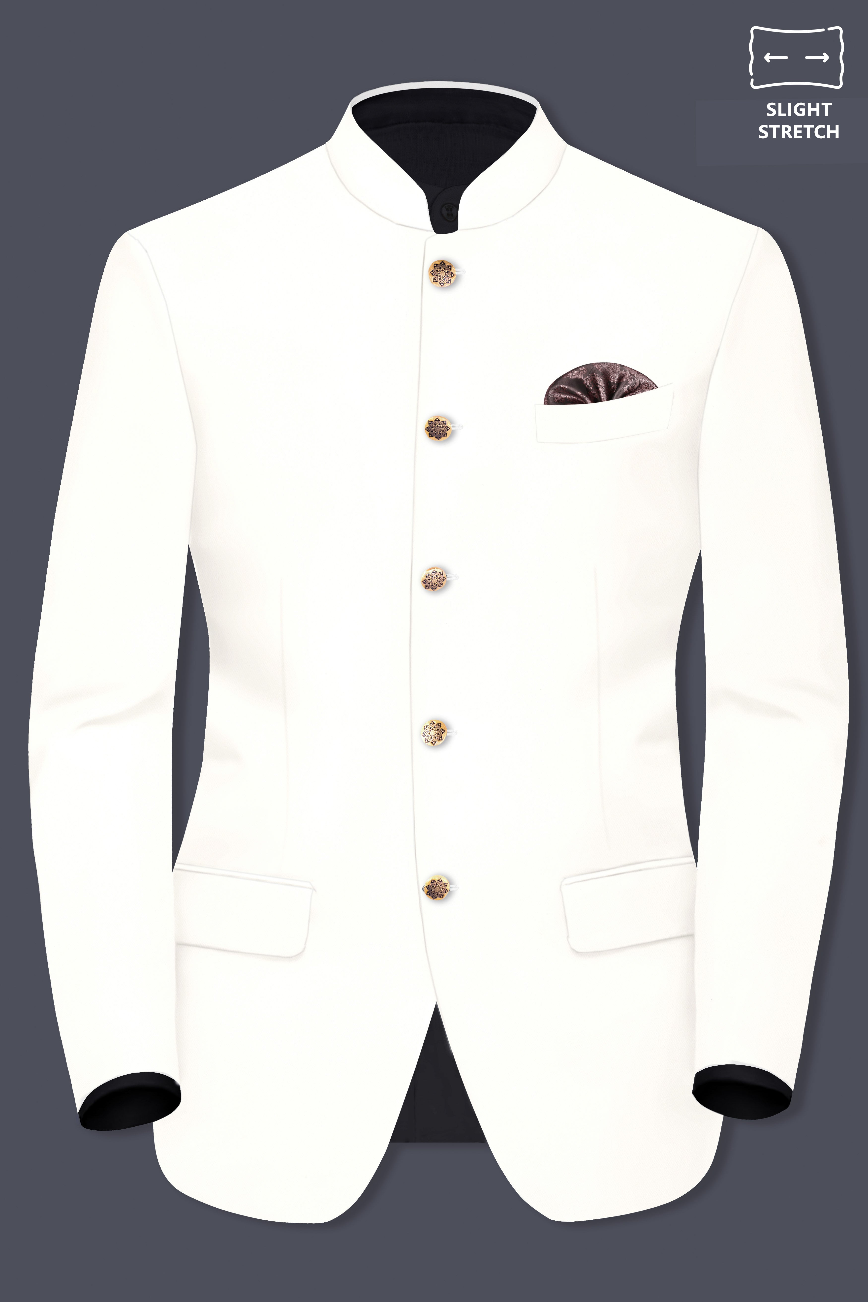 Off White Solid Wool Rich Bandhgala Slight Stretch Blazer