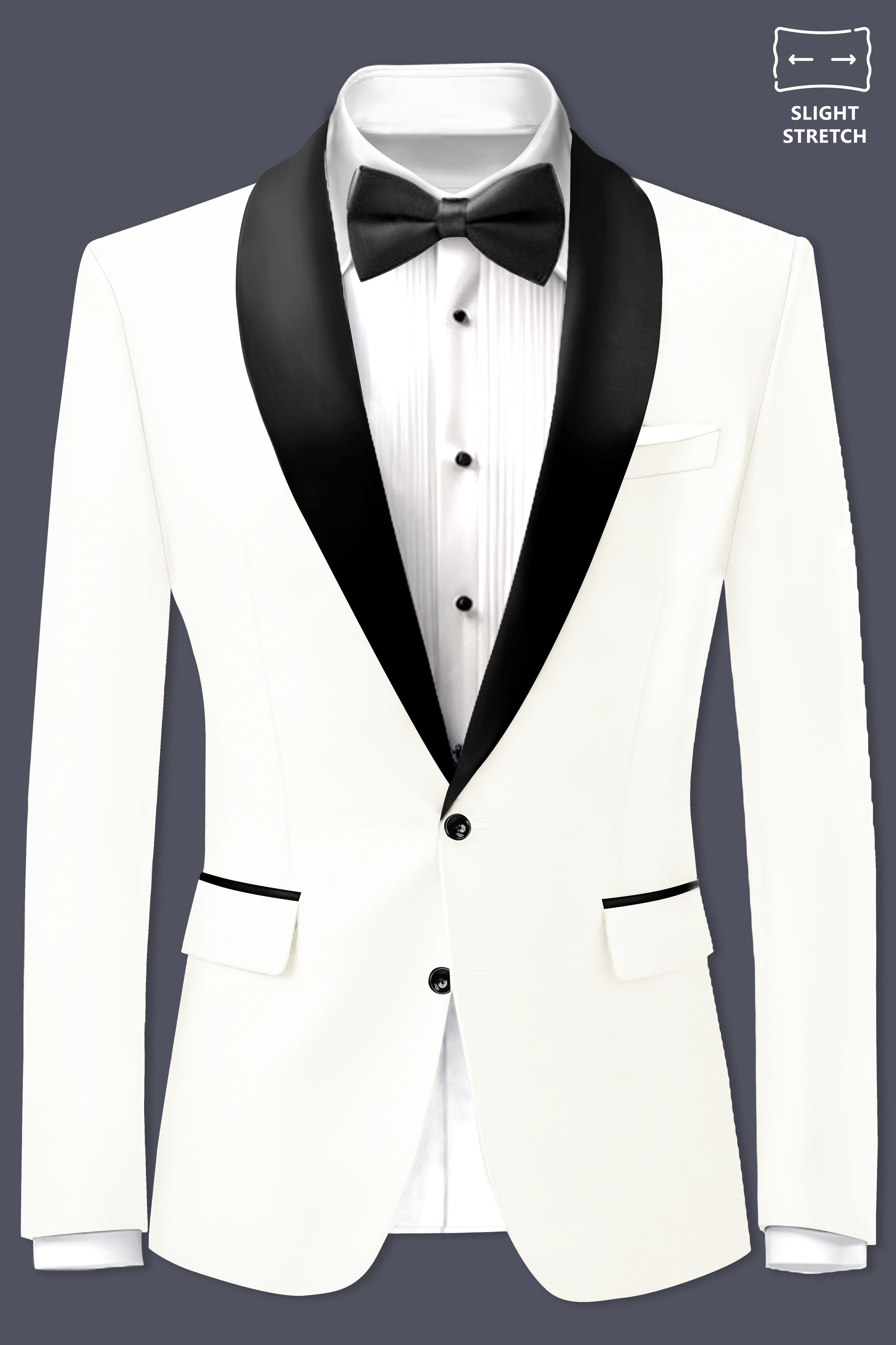 Off White Solid Wool Rich Tuxedo Slight Stretch Blazer