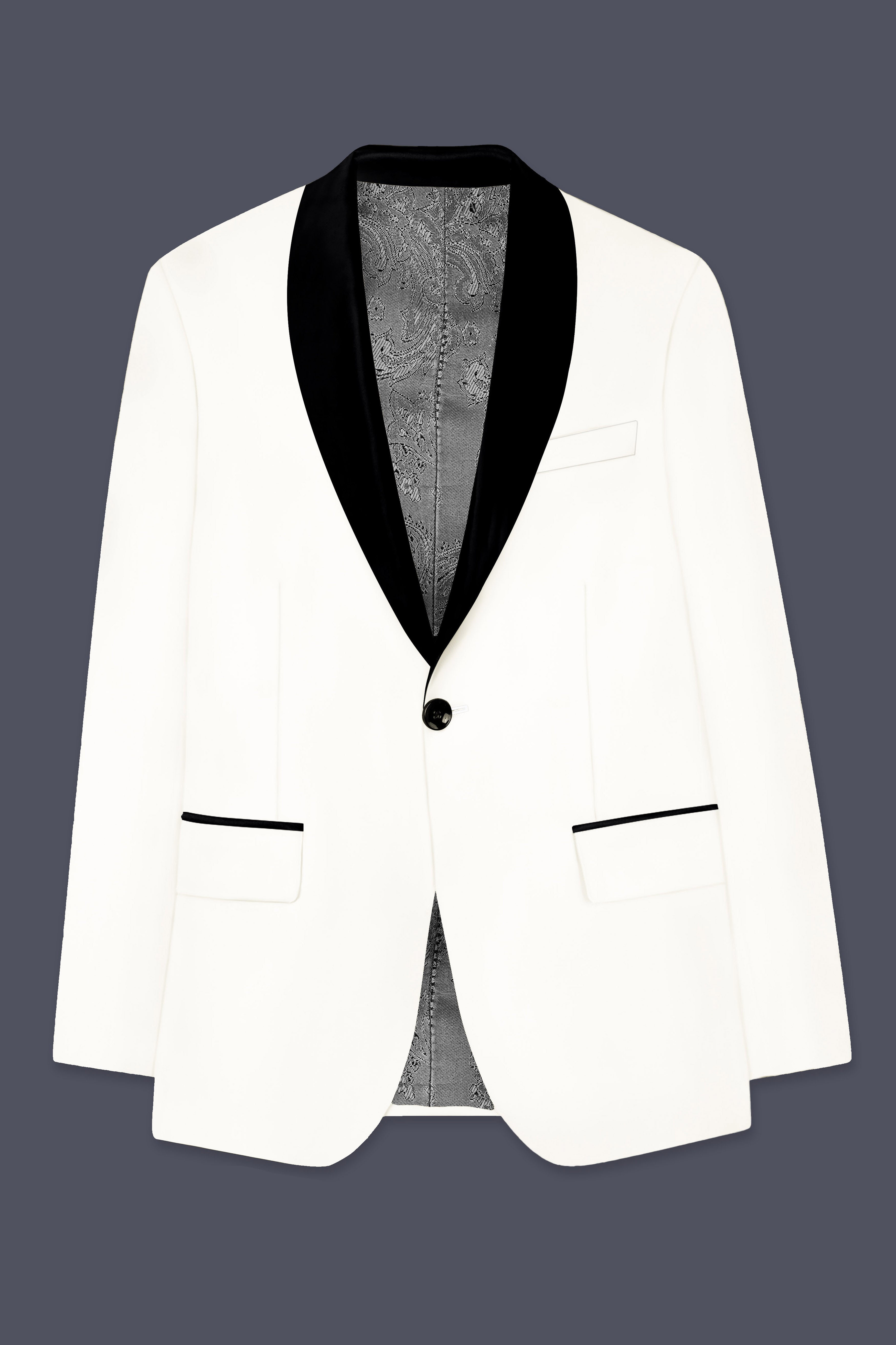 Off White Solid Wool Rich Tuxedo Slight Stretch Blazer