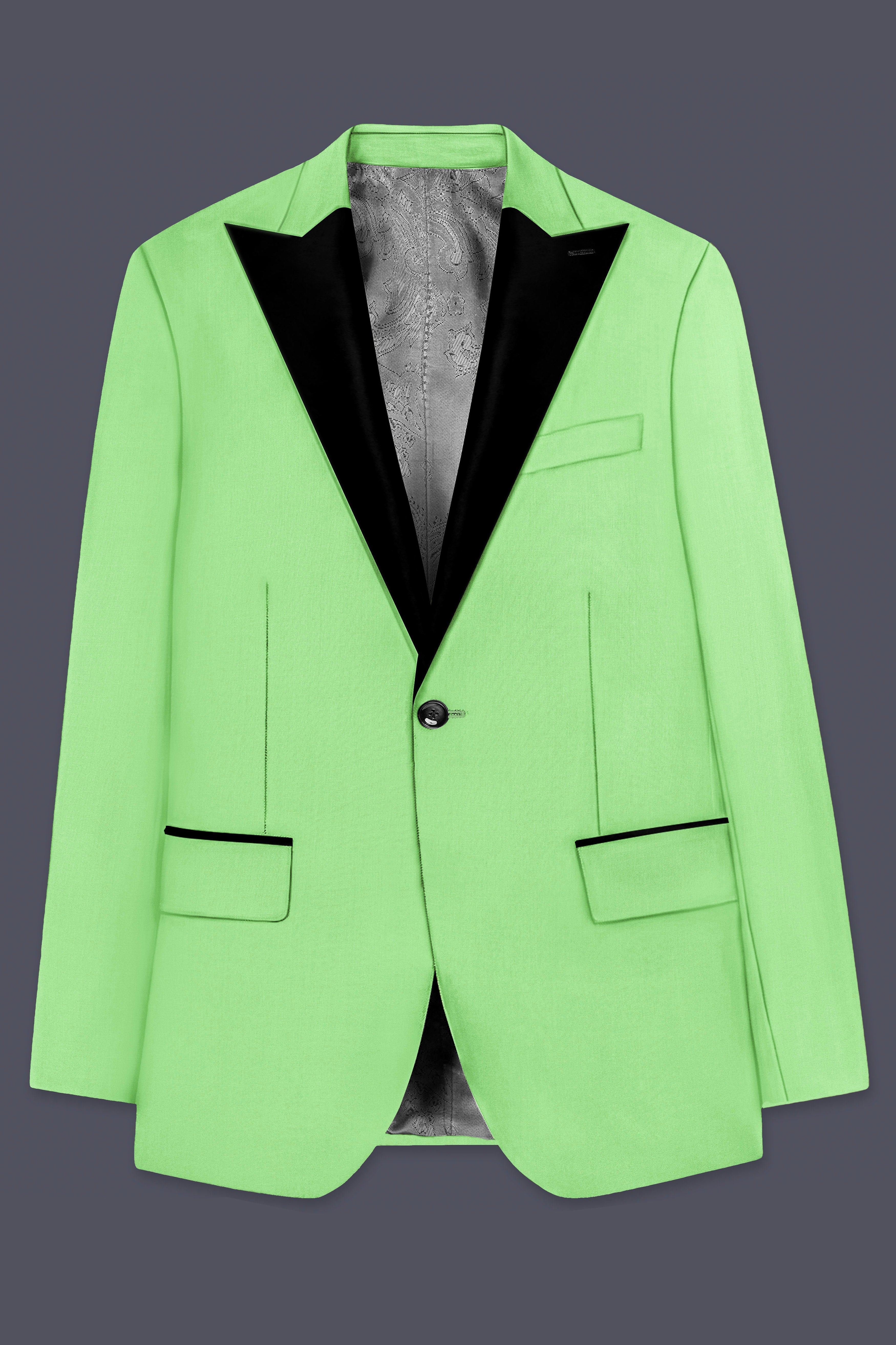Emerald-Mint Green Solid Wool Rich Peak Lapel Tuxedo Slight Stretch Blazer
