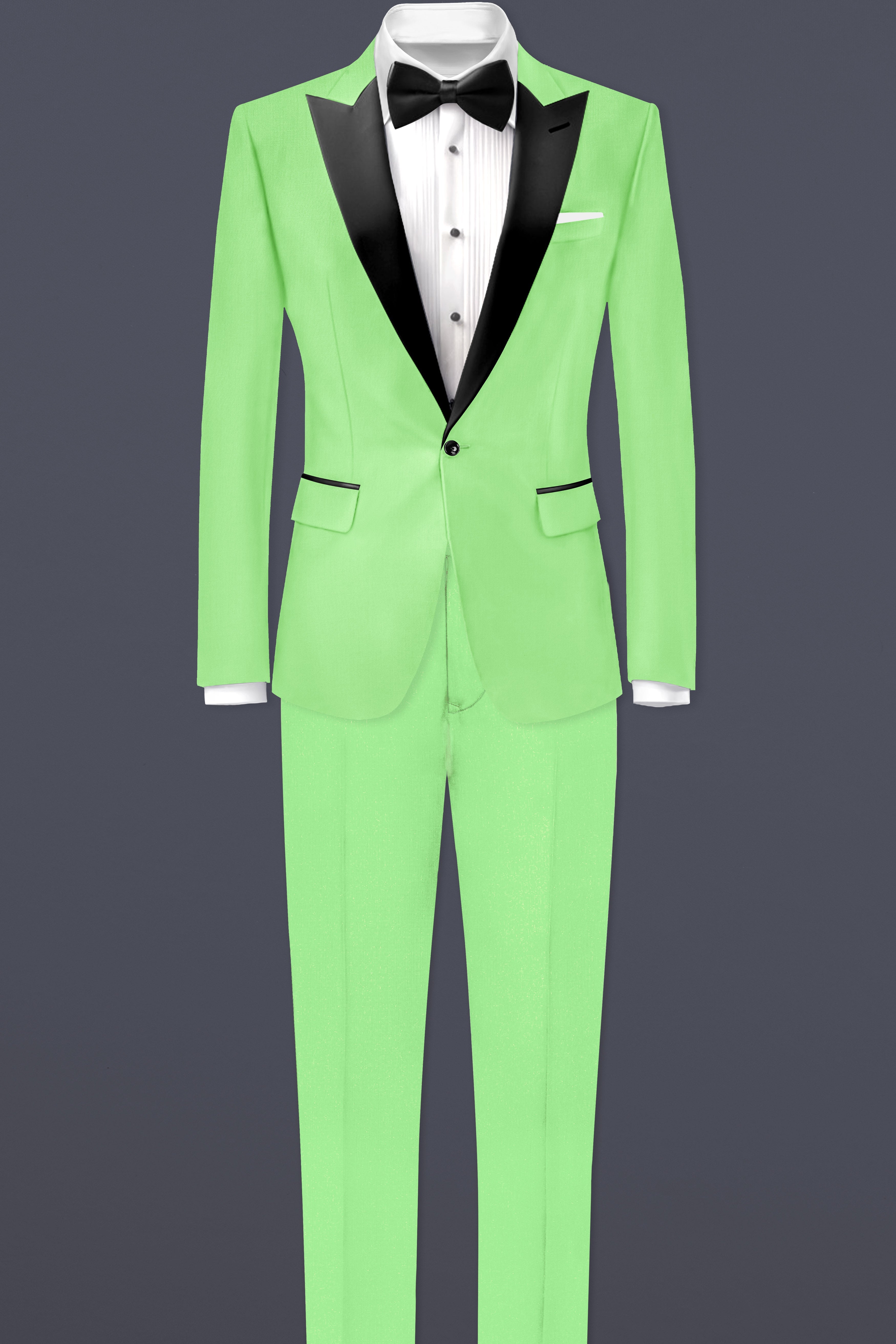 Emerald-Mint Green Solid Wool Rich Peak Lapel Tuxedo Slight Stretch Blazer