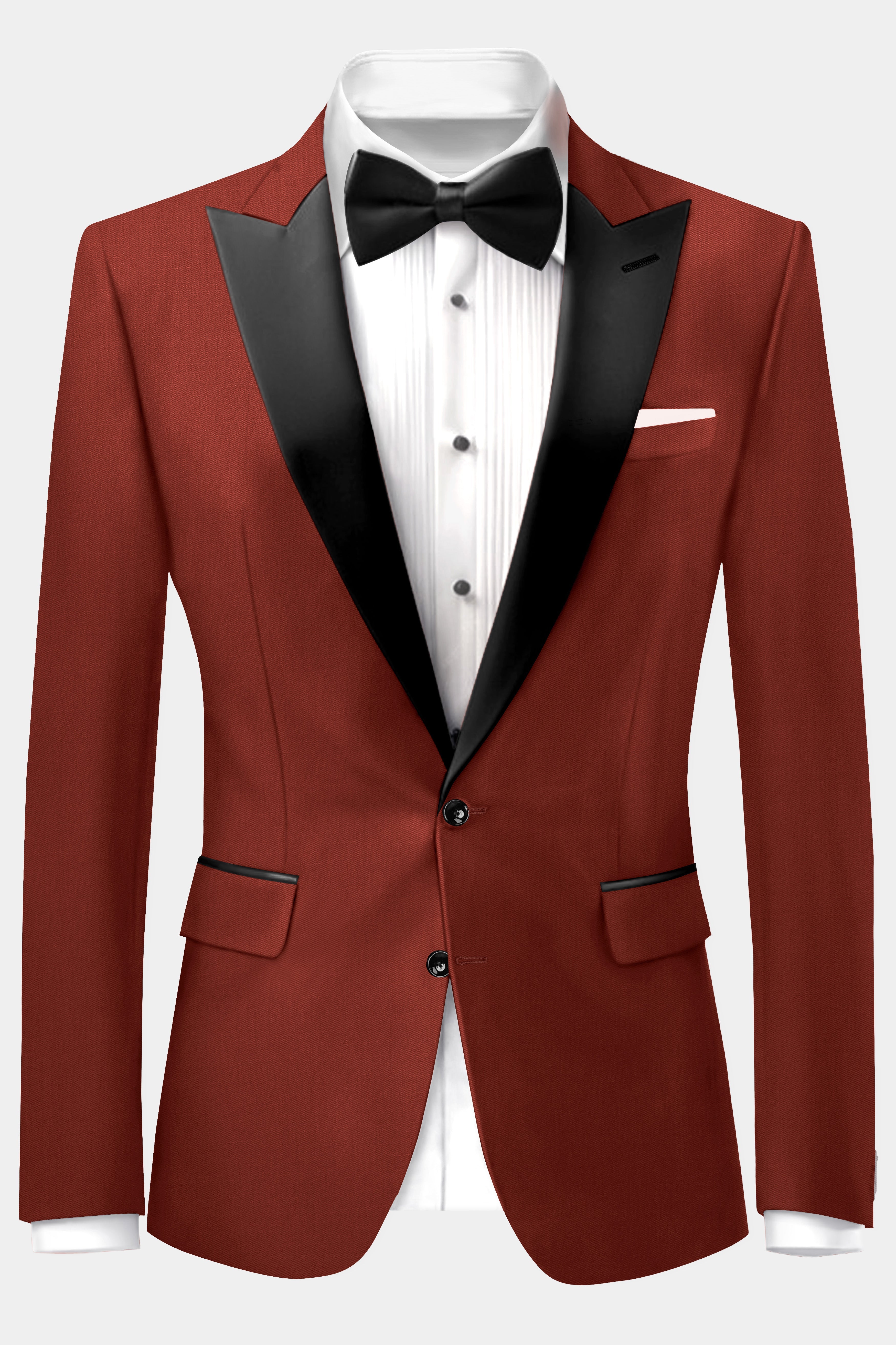 Inferno Rust-Brick Red Solid Wool Rich Peak Lapel Tuxedo Blazer