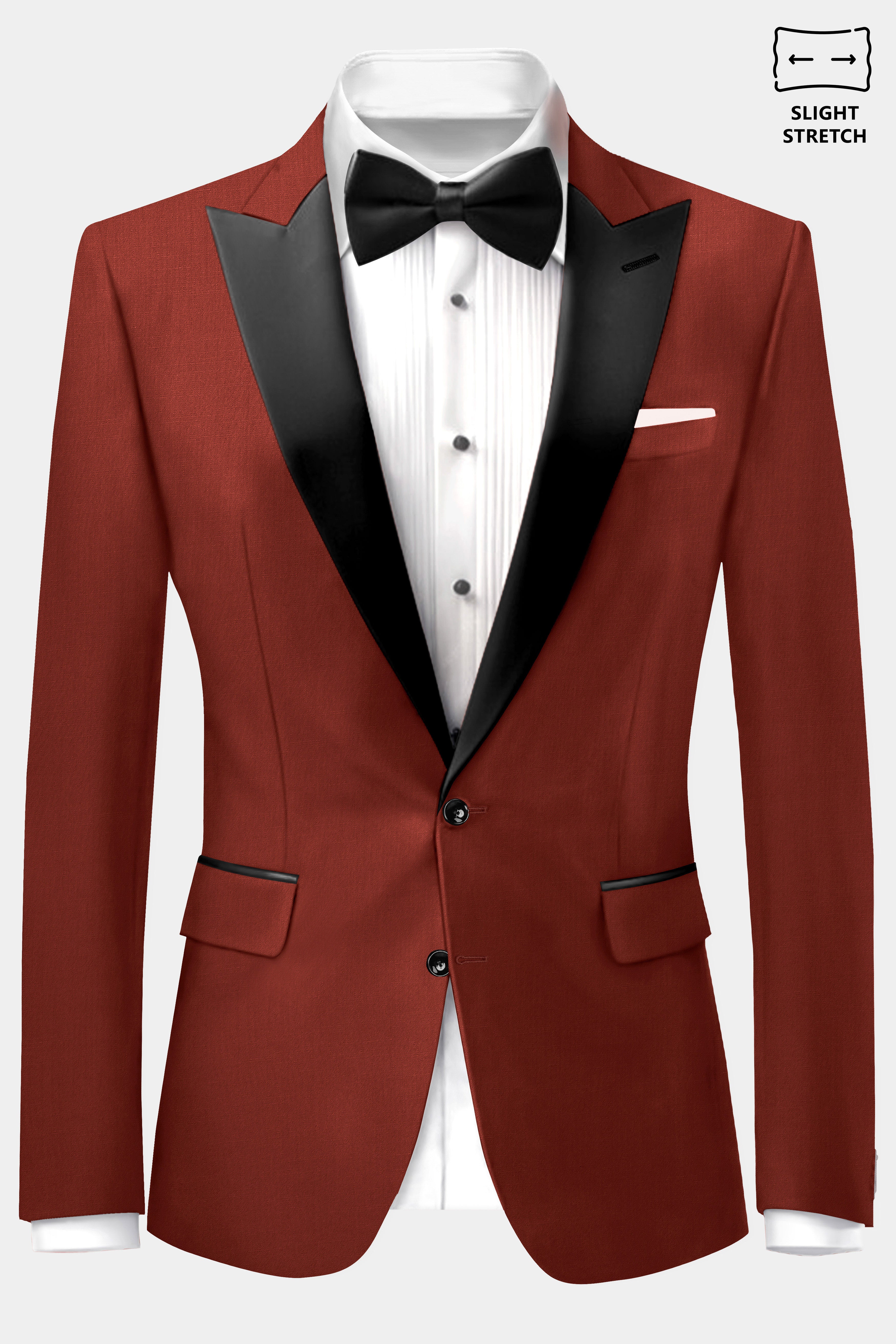 Inferno Rust-Brick Red Solid Wool Rich Peak Lapel Tuxedo Slight Stretch Blazer