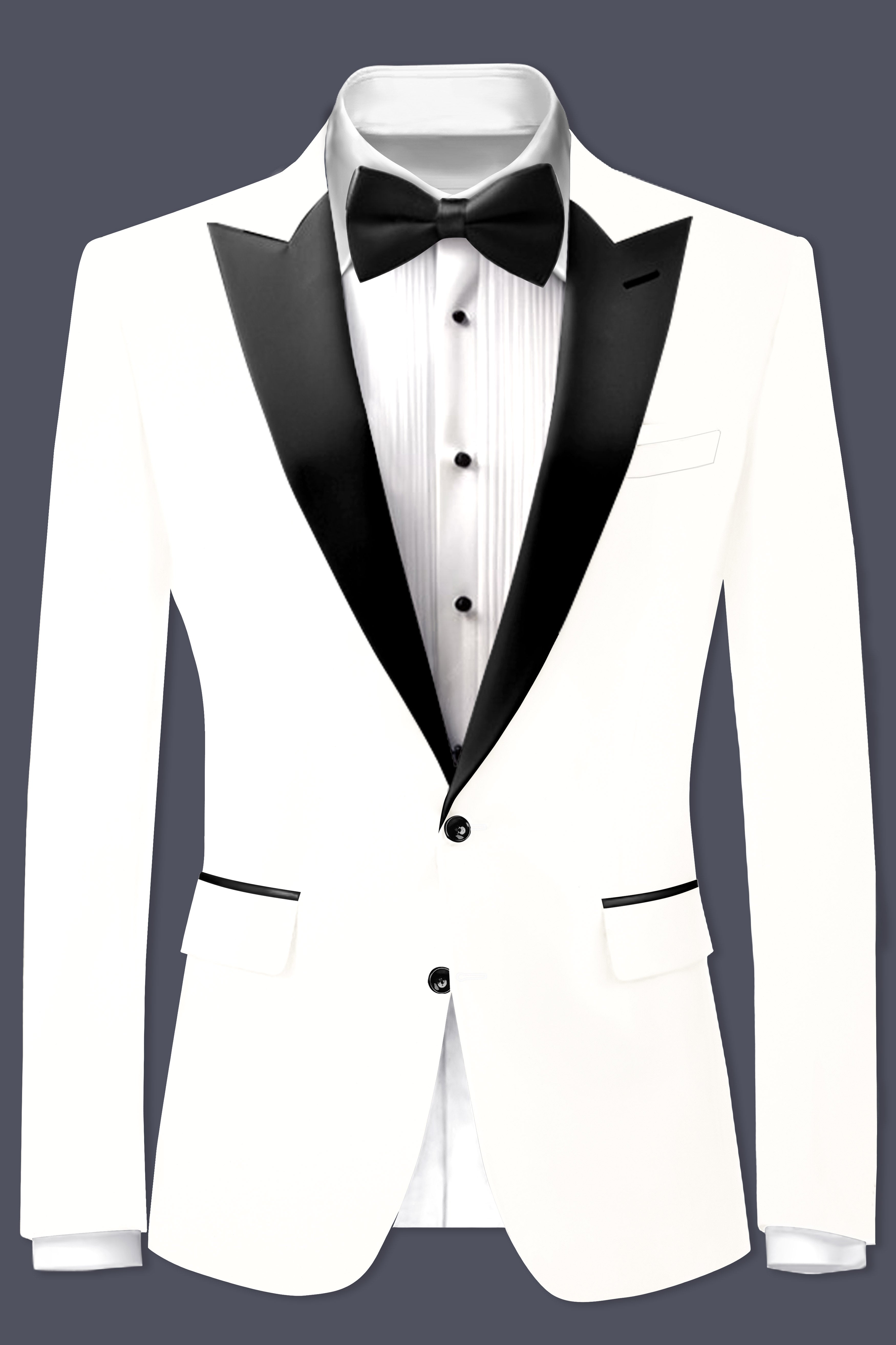 Off White Solid Wool Rich Peak Lapel Tuxedo Blazer