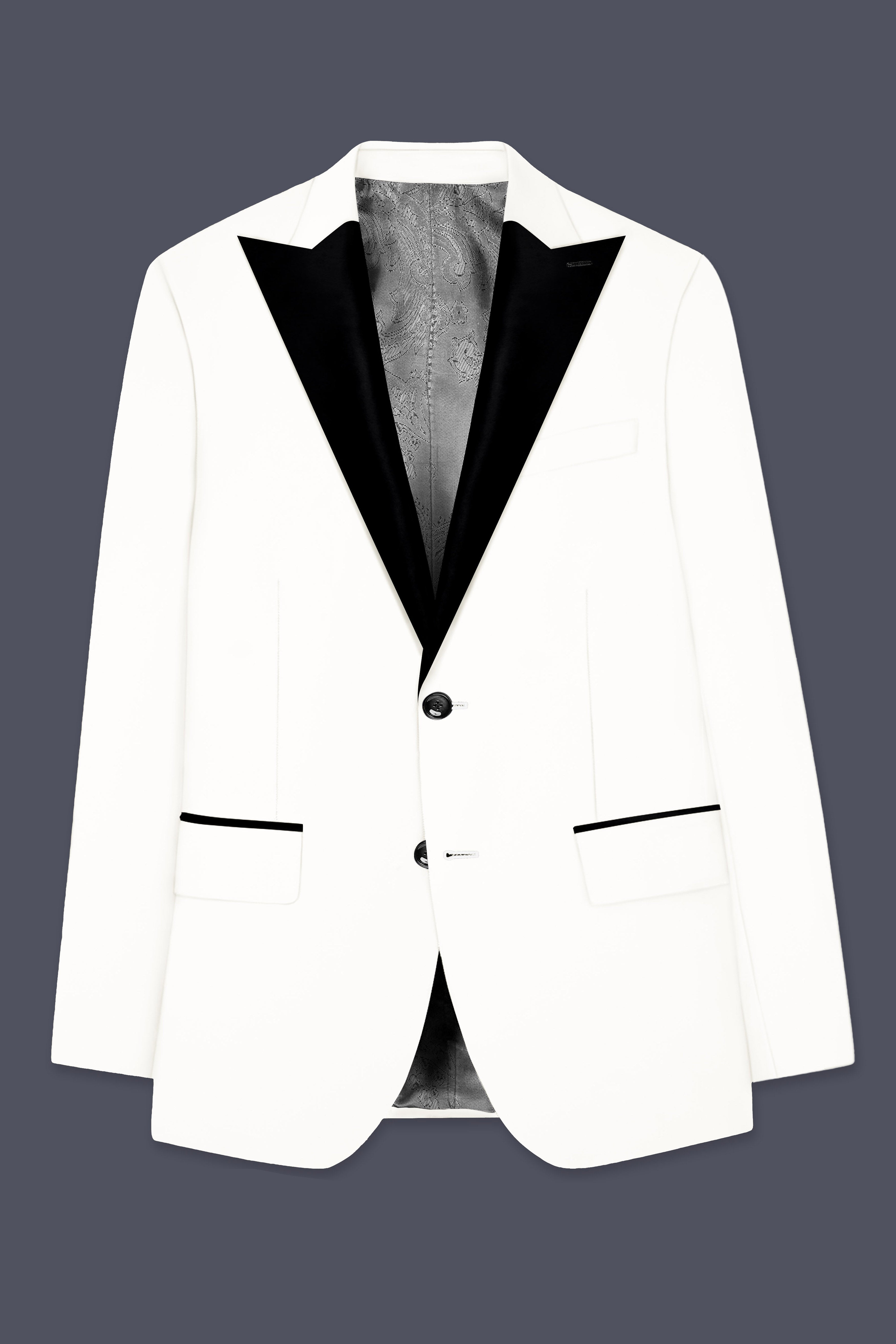 Off White Solid Wool Rich Peak Lapel Tuxedo Blazer