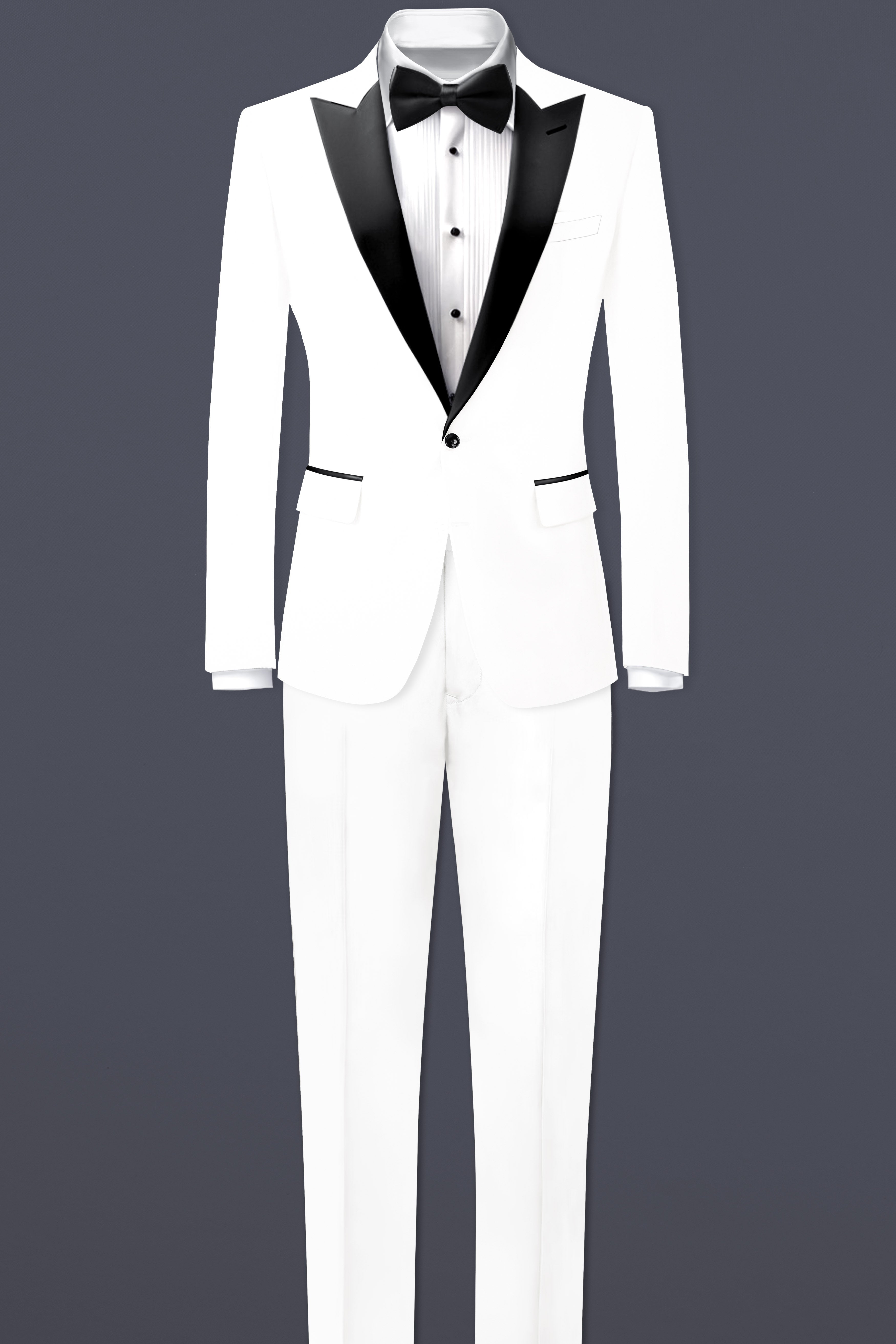 Off White Solid Wool Rich Peak Lapel Tuxedo Slight Stretch Blazer