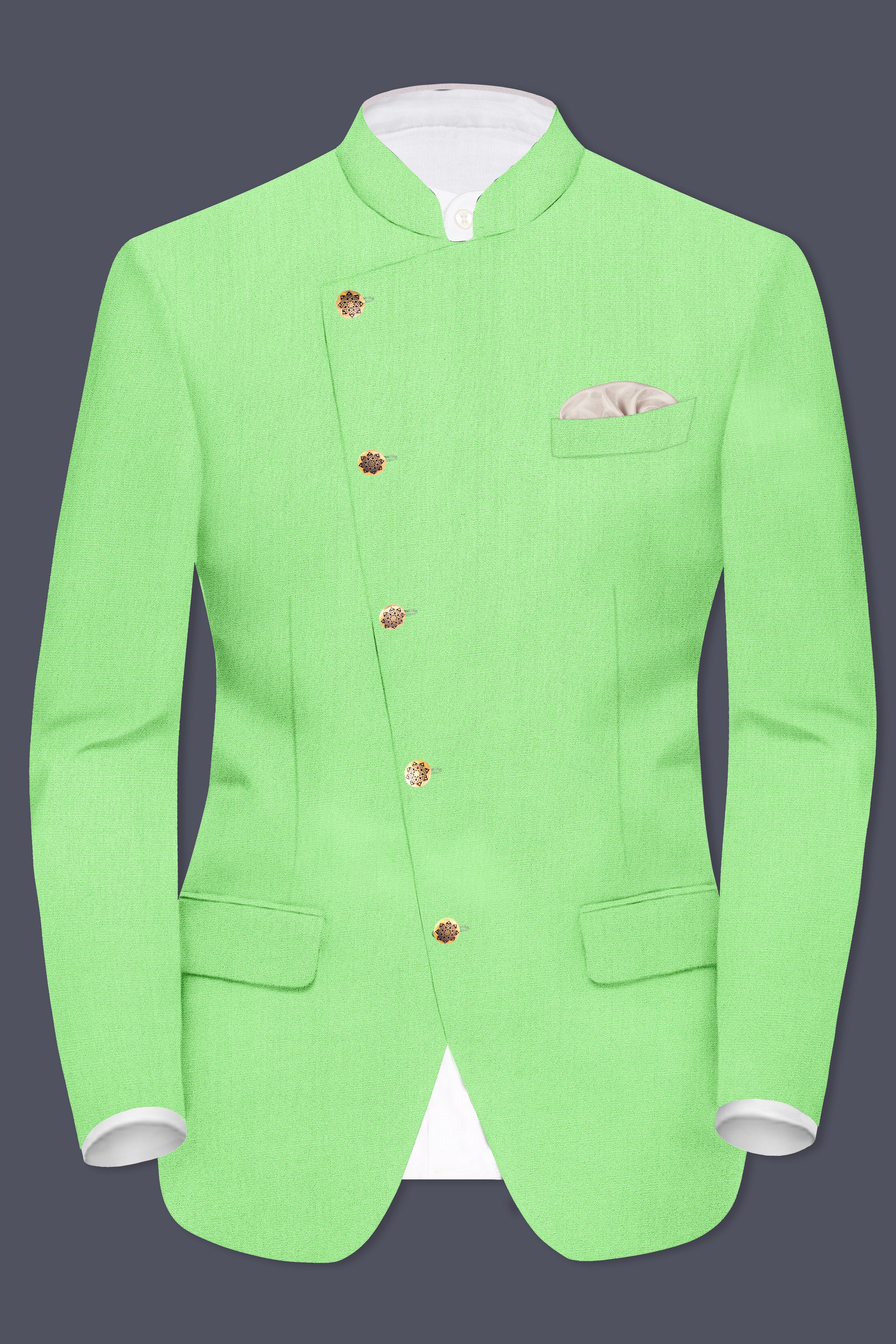 Emerald-Mint Green Solid Wool Rich Cross Placket Bandhgala Blazer