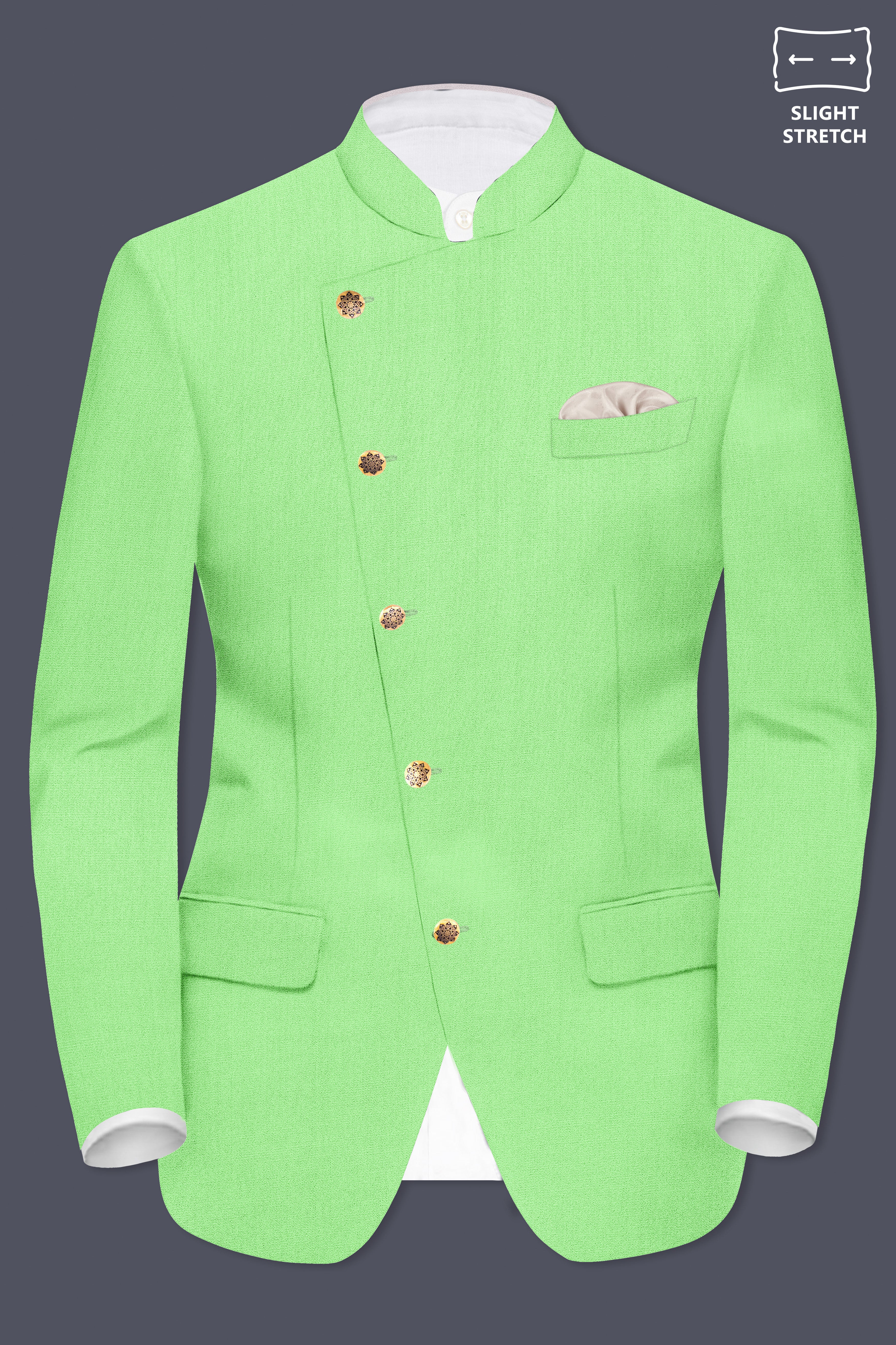 Emerald-Mint Green Solid Wool Rich Cross Placket Bandhgala Slight Stretch Blazer