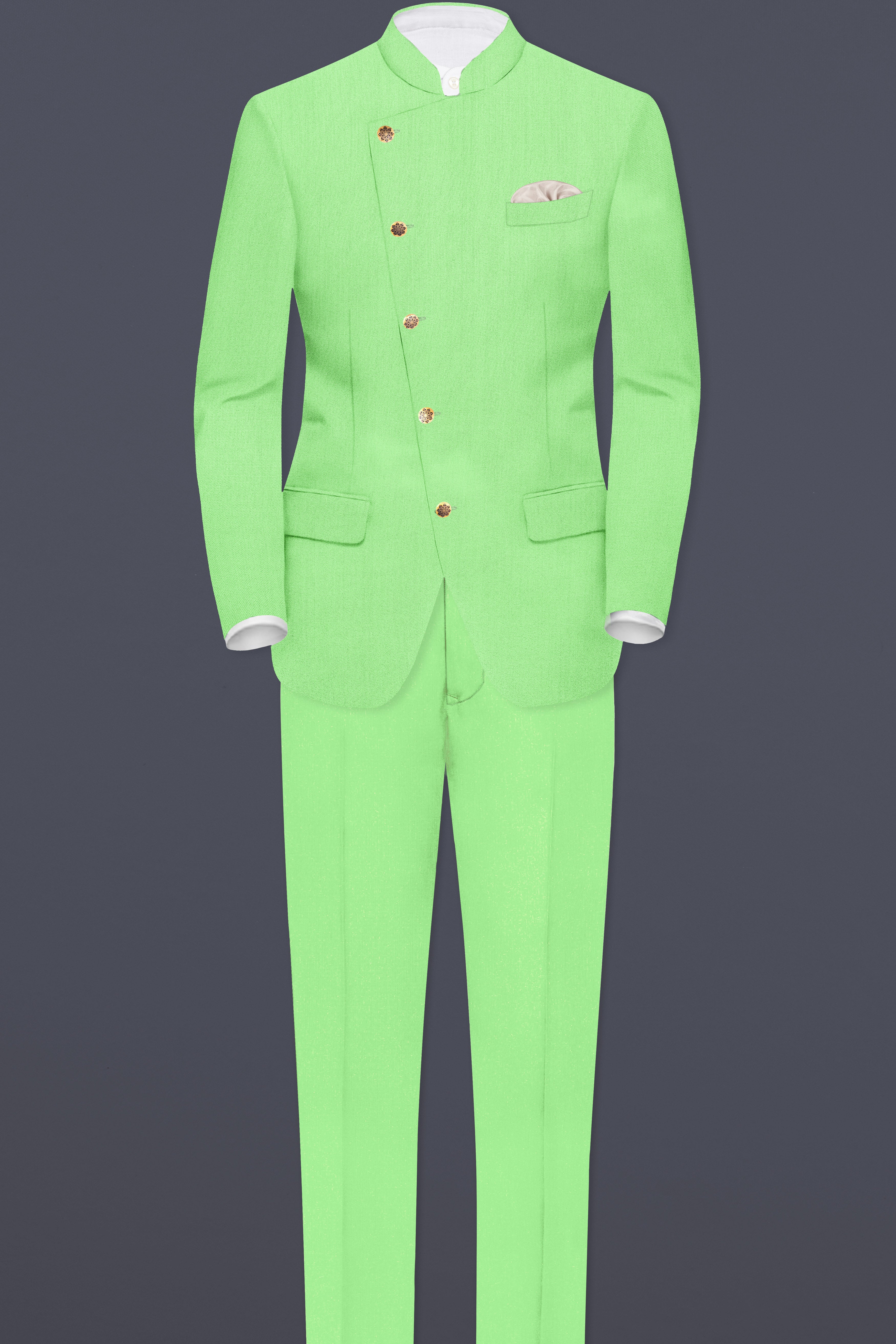 Emerald-Mint Green Solid Wool Rich Cross Placket Bandhgala Slight Stretch Blazer