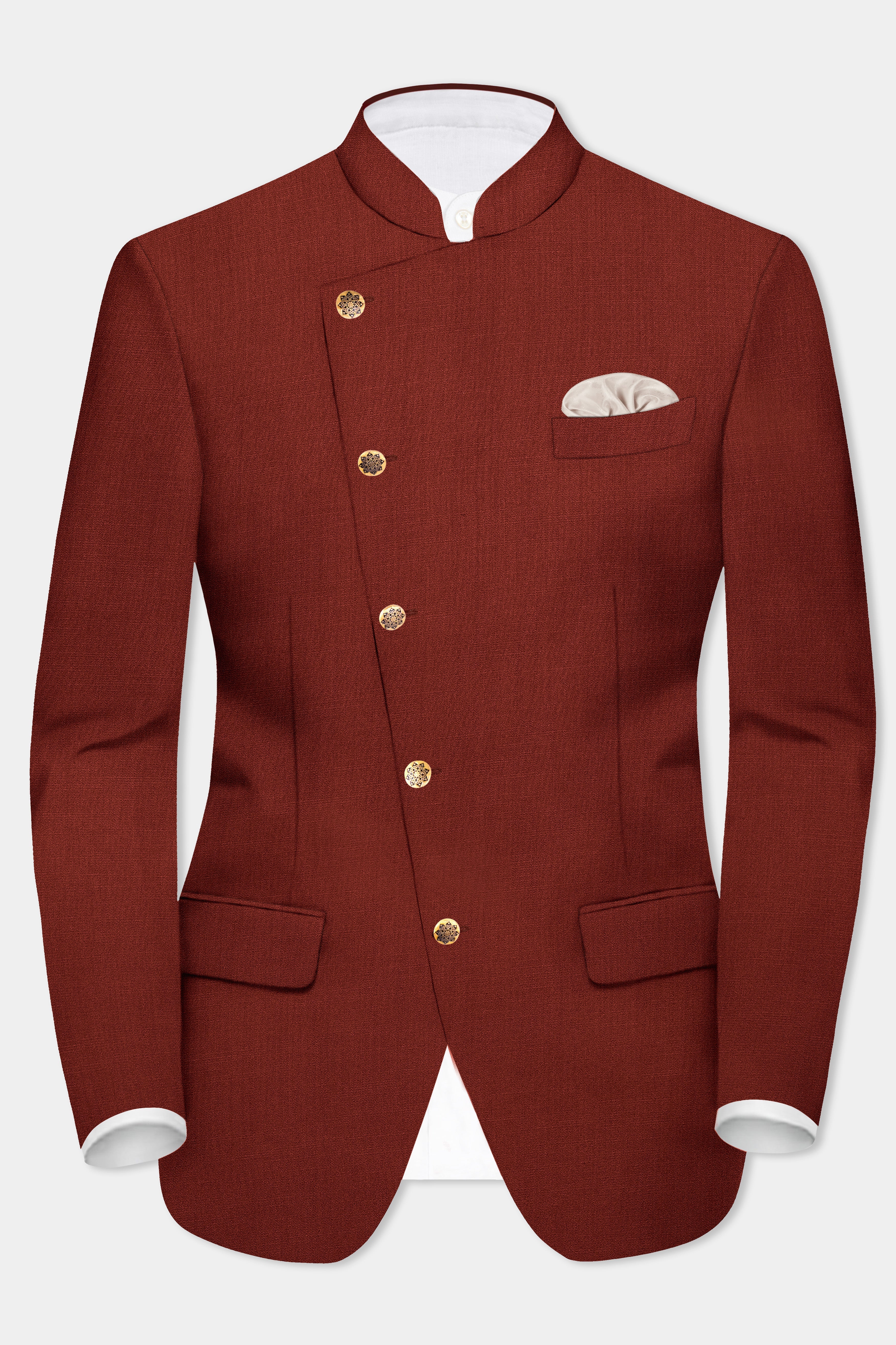 Inferno Rust-Brick Red Solid Wool Rich Cross Placket Bandhgala Blazer