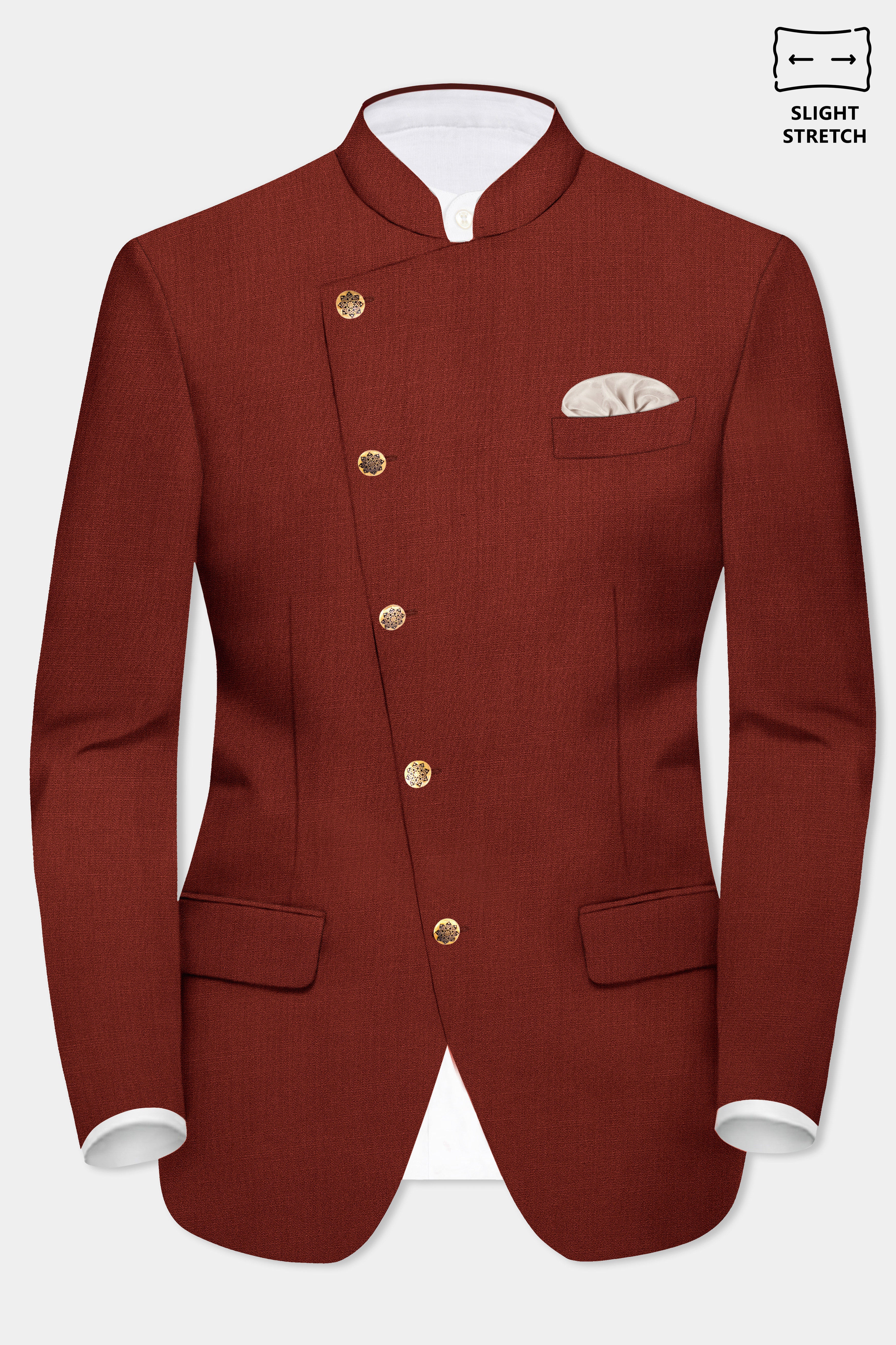 Inferno Rust-Brick Red Solid Wool Rich Cross Placket Bandhgala Slight Stretch Blazer
