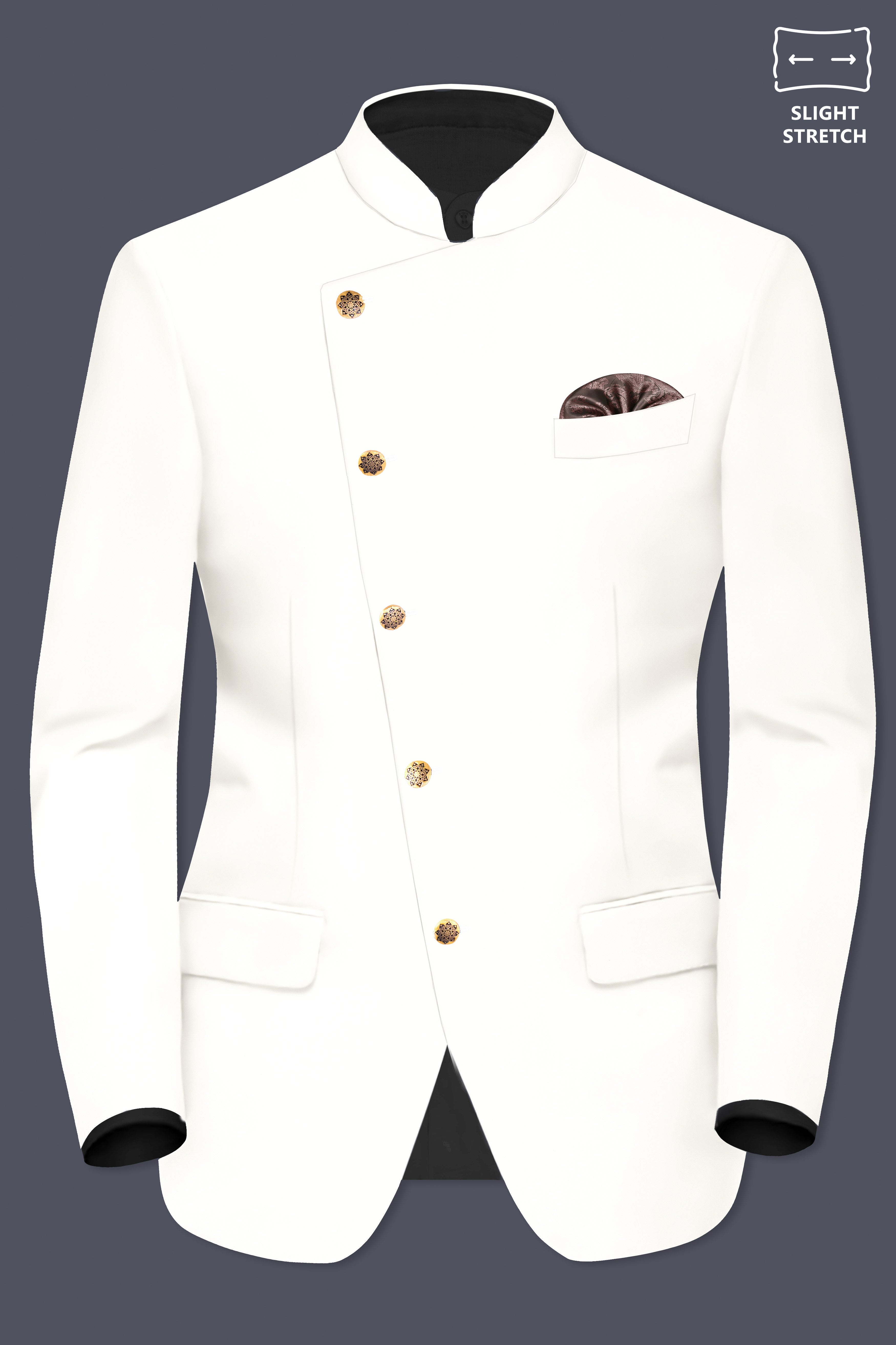 Off White Solid Wool Rich Cross Placket Bandhgala Slight Stretch Blazer