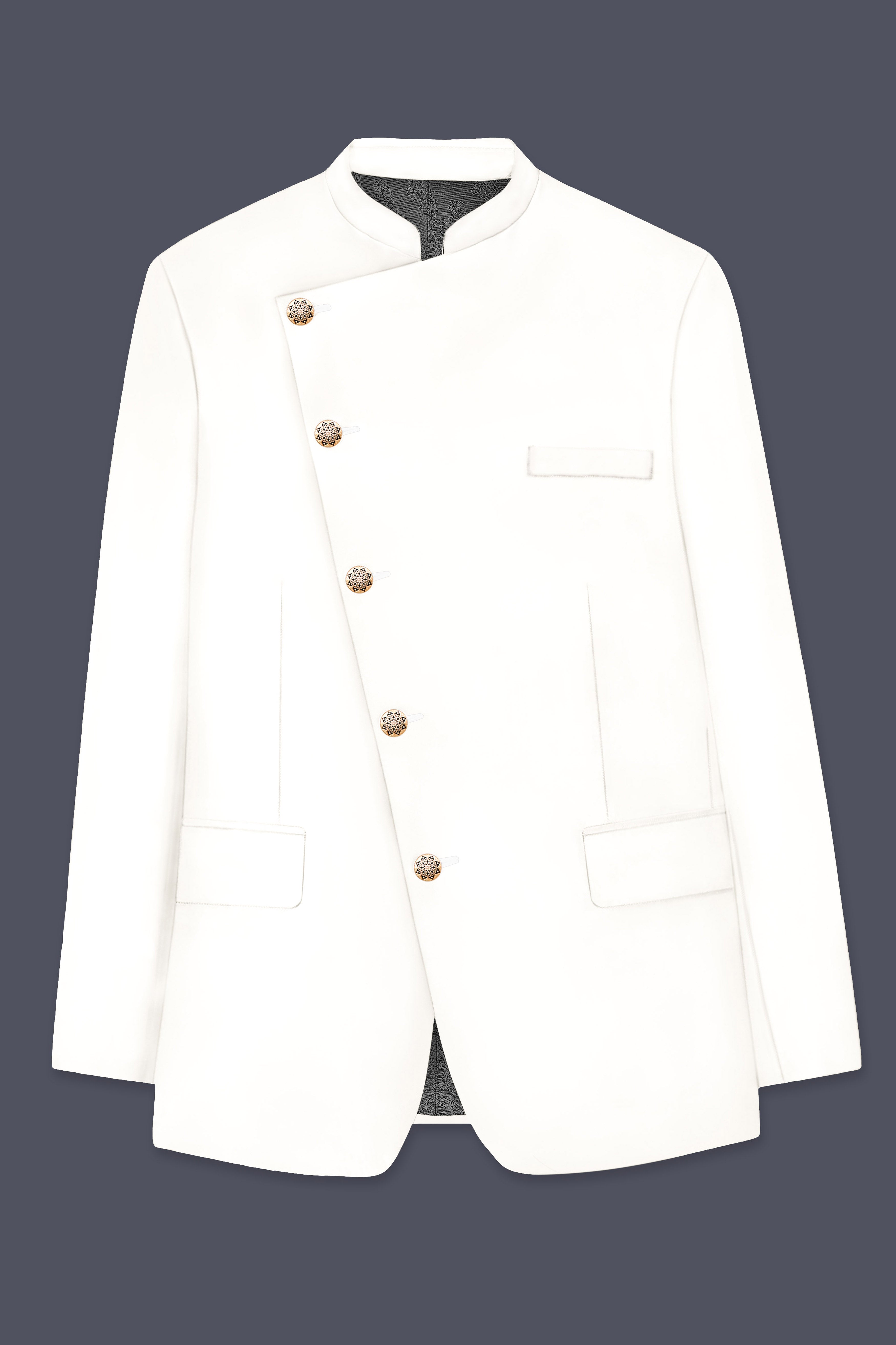 Off White Solid Wool Rich Cross Placket Bandhgala Slight Stretch Blazer