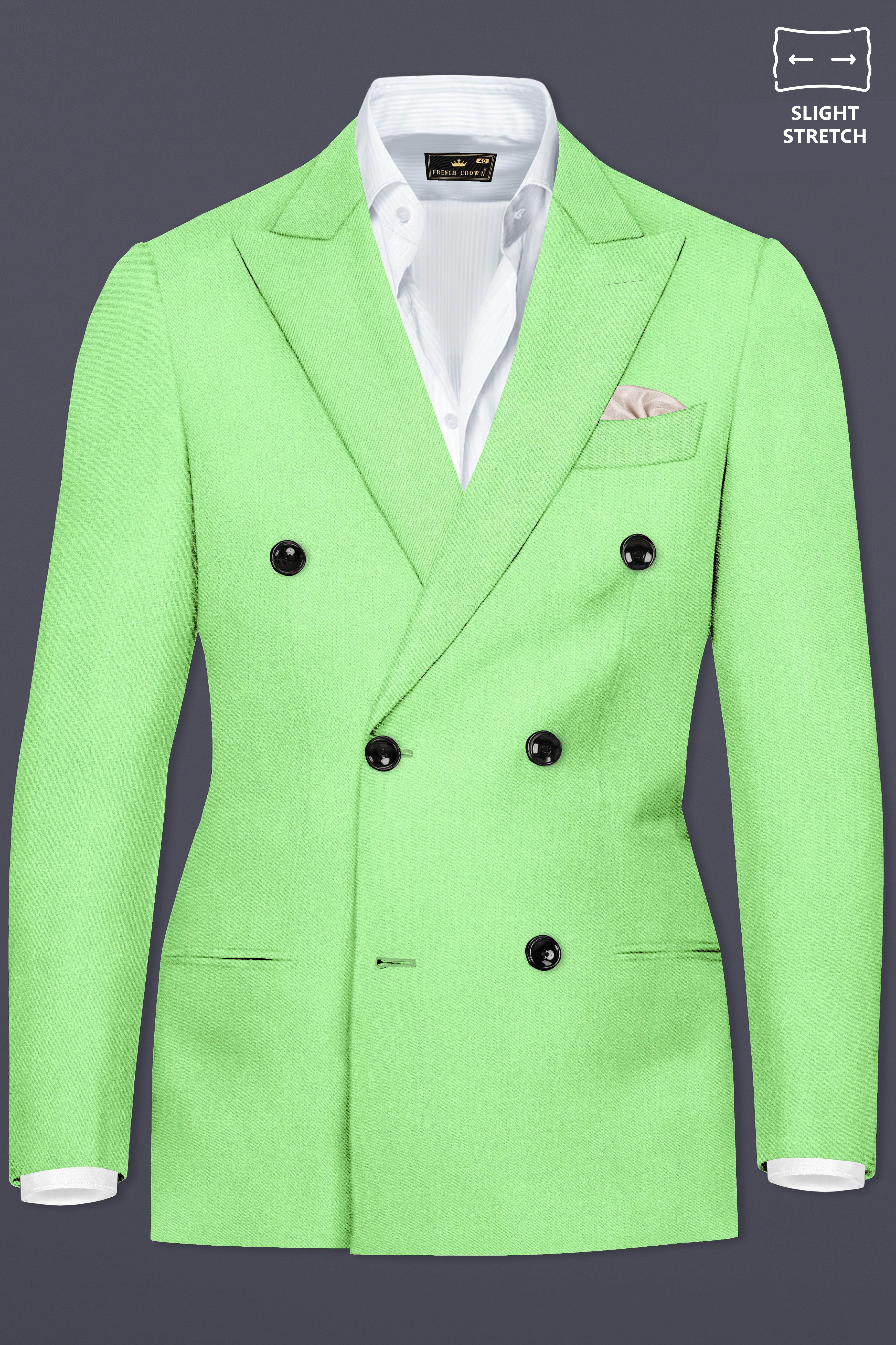 Emerald-Mint Green Solid Wool Rich Double Breasted Slight Stretch Blazer